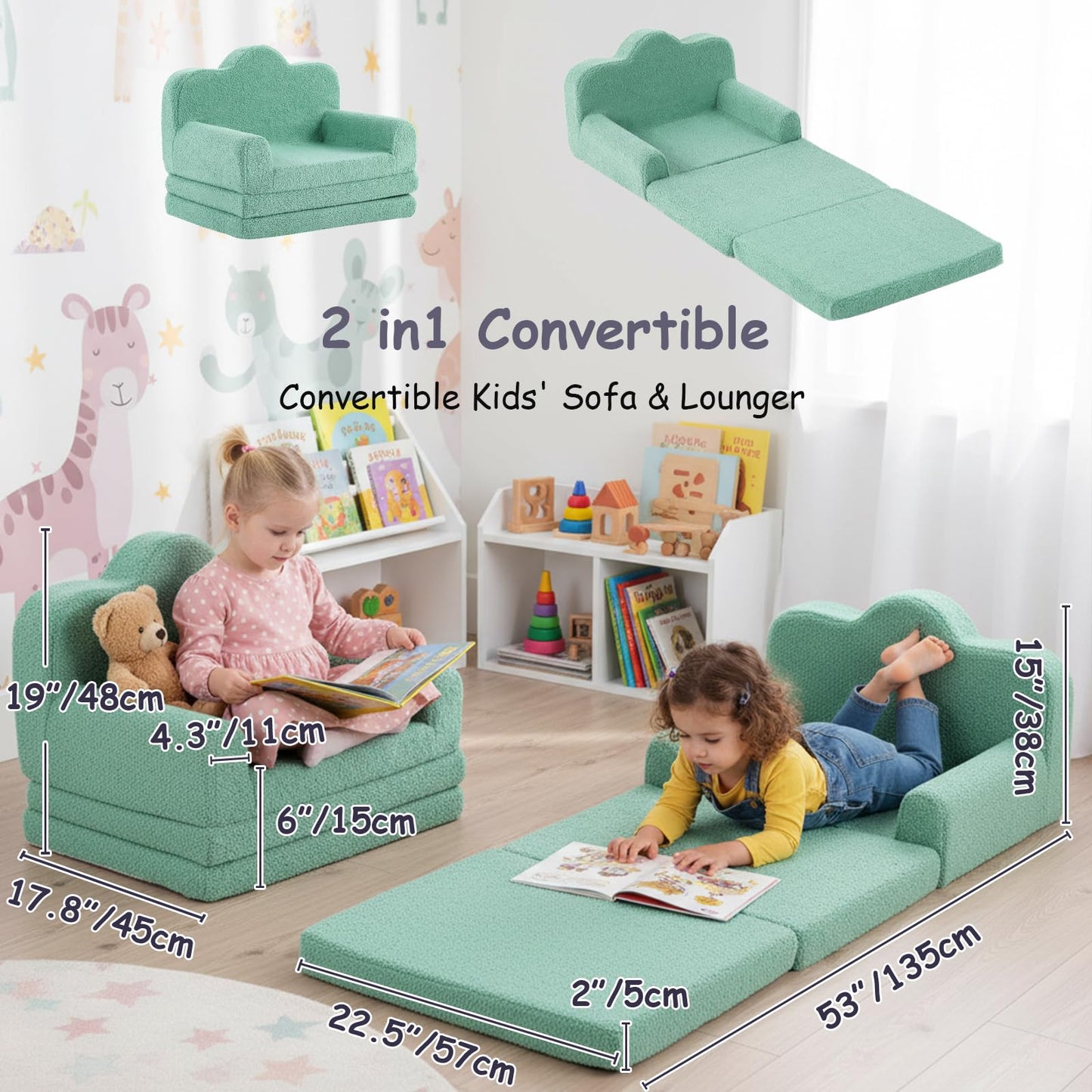 Tiita Kids Sofa, Foldable Nursery Toddler Couch, Childrens Couch with Carry Handle, Portable Toddler Foam Sofa Couch, Lightweight Kids Chair for Playroom, Dorm Room, Small Space, Green