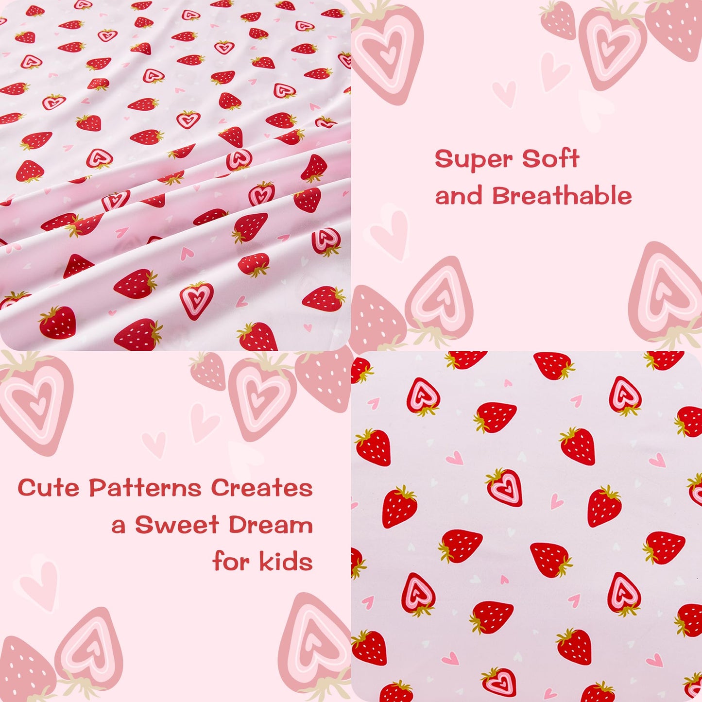 lasoftan Pink Strawberry Printed Kids Sheet Set Twin Size, 3 Pcs Breathable & Silky Soft Microfiber Kids Fitted Sheet, Bed Sheets with 15" Deep Pocket for Boys and Girls