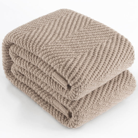 LONG CREATE Knitted Throw Blanket 50"X60", Taupe Knit Throws for Bed, Super Soft Boho Chevron Blankets for Couch Sofa Chair Room Decor, Textured Decorative Farmhouse Cozy Lightweight