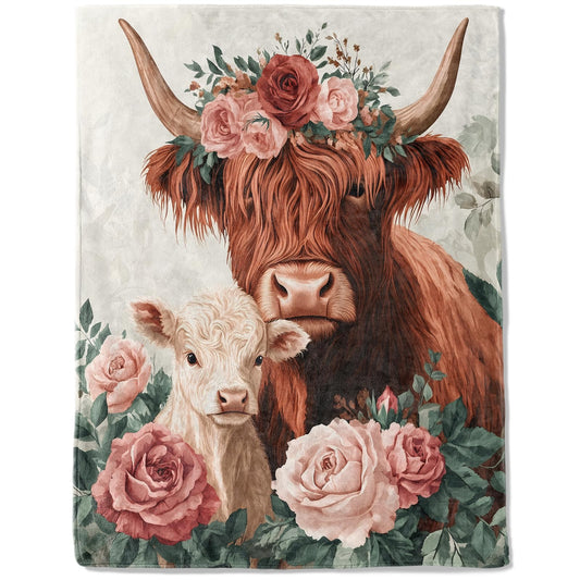 ainori Highland Cow and Calf Flannel Blanket - Lightweight Soft Cozy Gifts Blankets for Animal Lovers, Kids, Women, Floral Vintage Art Style Throw,Elegant Home Room Modern Decor 50x60in