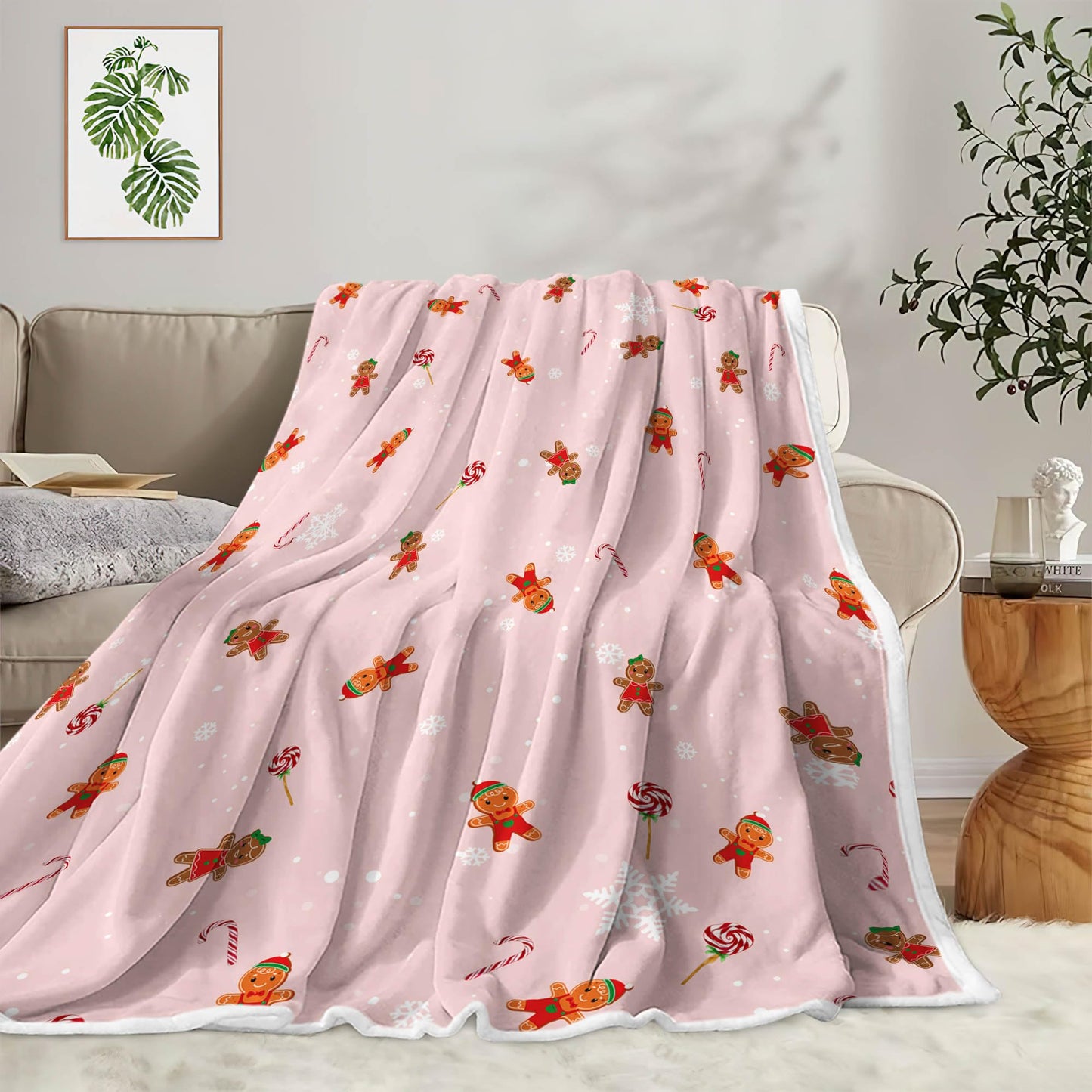 Pink Christmas Gingerbread Throw Blanket, Gingerbread Man Candy Cane Blanket Xmas Winter Flannel Warm Throw Blankets Soft Cozy Decorative for Christmas Home Bed Sofa Couch Decor, 50 x 60 Inch