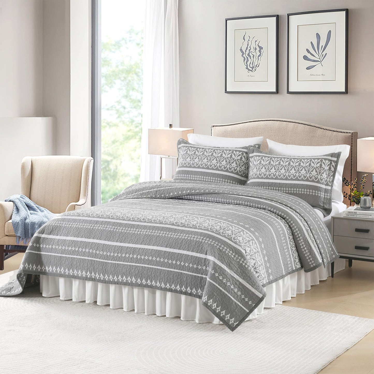 BCOTTOND Queen Quilt Set 100% Cotton Boho Queen Quilt,Grey Bohemian Striped Pattern Bedspread Queen Lightweight Quilt Bedding Set Comforet Set All Season 3 Piece
