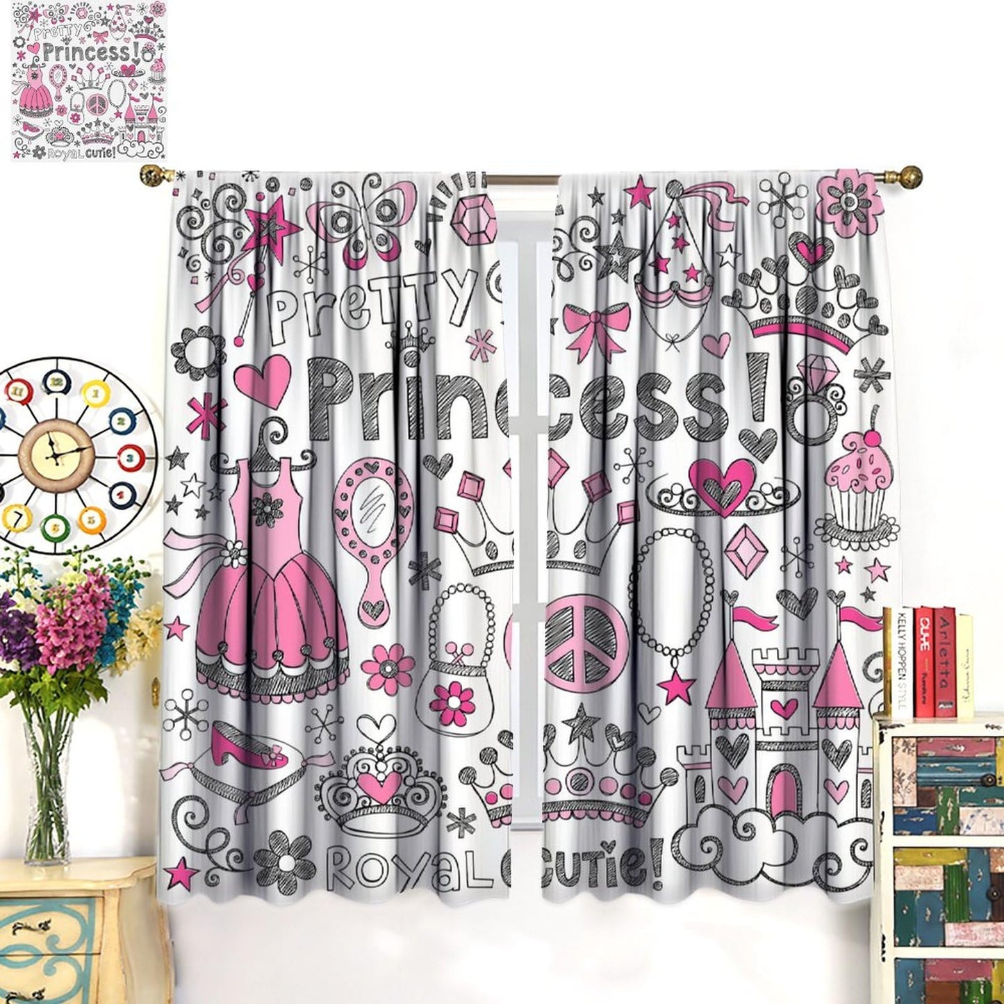 DDCBNS Cute Princess Curtains for Girls Bedroom,Cartoon Fairy-Tale Style Window Treatments for Kids Women Room Living Room Lovely Girl Decor Drapes 2 Panel Set,Total Size 42 x 45 Inch