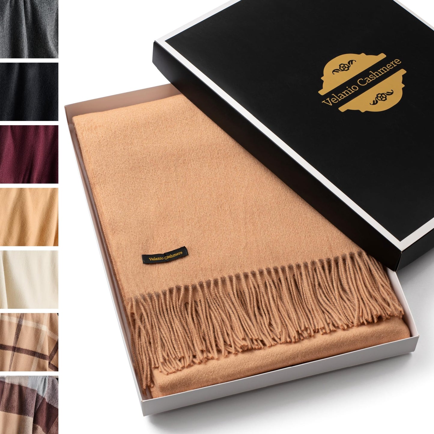 Velanio Cashmere 100% Cashmere Throw Blanket with Fringe 60 x 54 Inch Super Soft Warm for Home, Travel Sofa Bed (Camel)