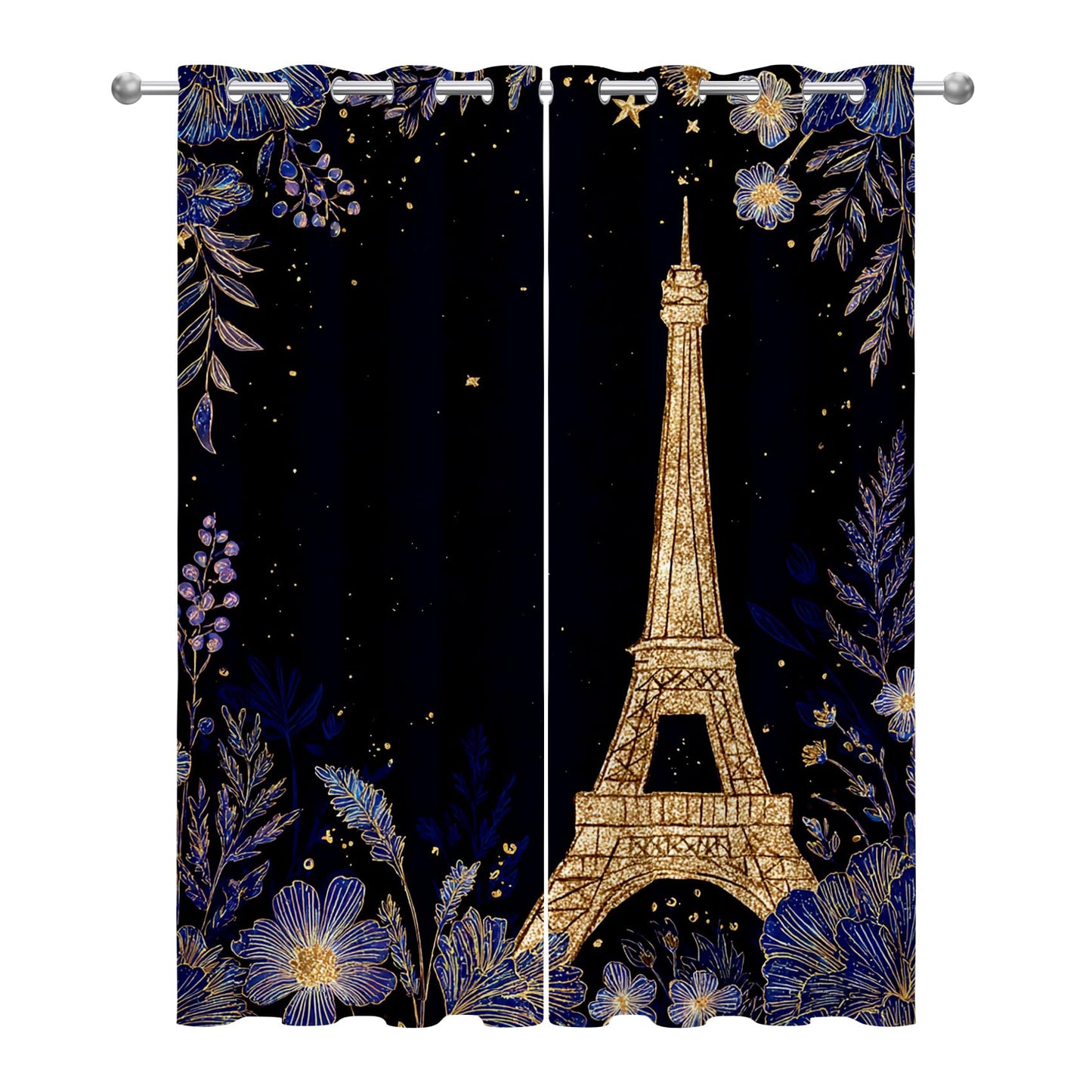 Solvivae Eiffel Tower Curtains 63 Inch Length, Paris Eiffel Tower Floral Blackout Curtains for Bedroom Living Room, Room Darkening Thermal Insulated Grommet Drapes, Patterned Window Treatments