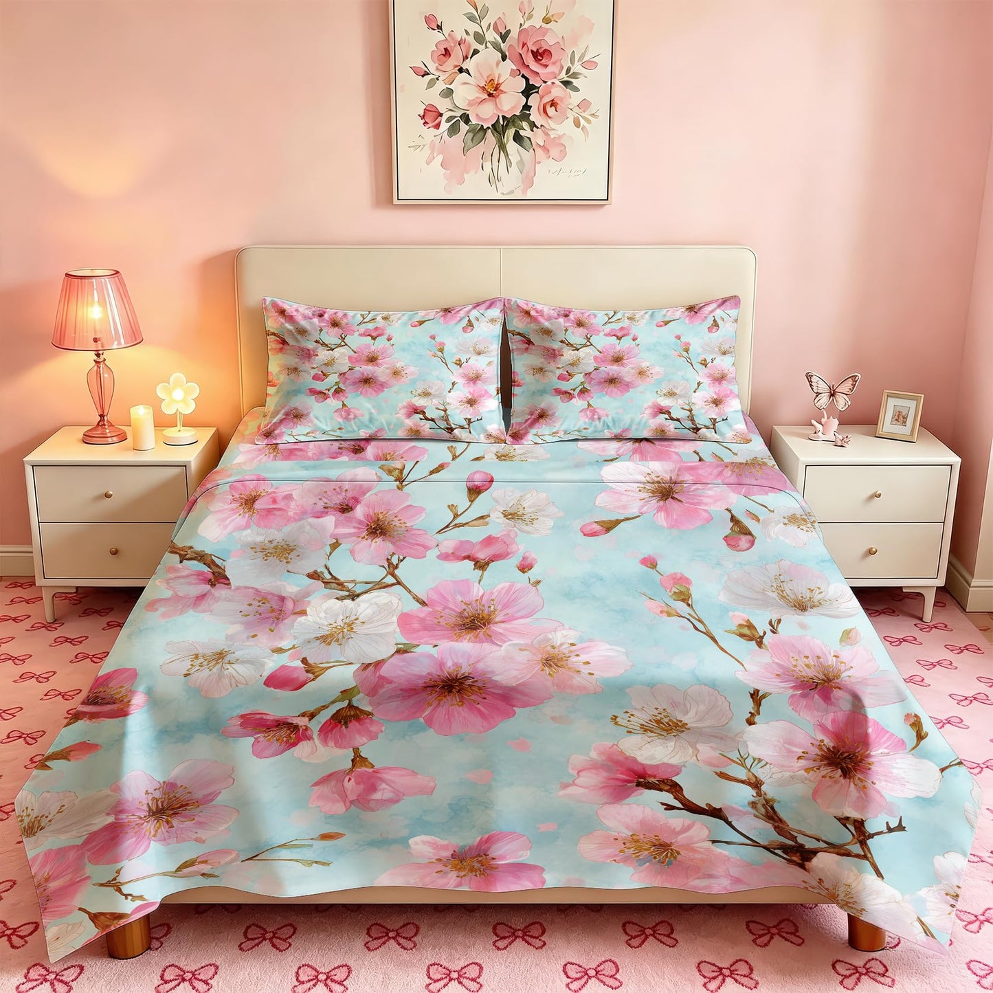 Cherry Blossom Full Bedding Set Spring Floral Sheet Sets
