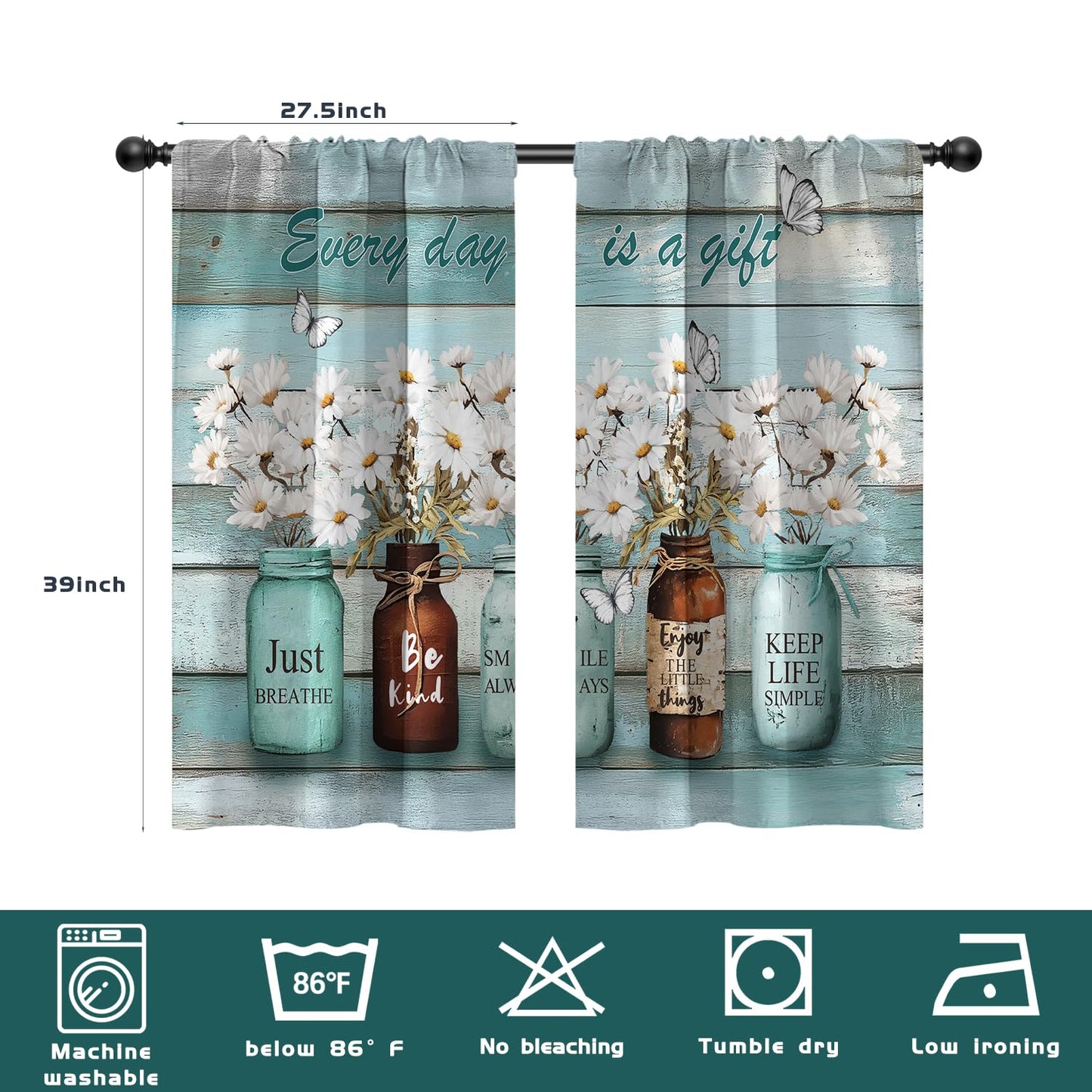 EOVDSFW Teal Floral Kitchen Curtains, Small Short Tiers, 27.5 x 39 Inch
