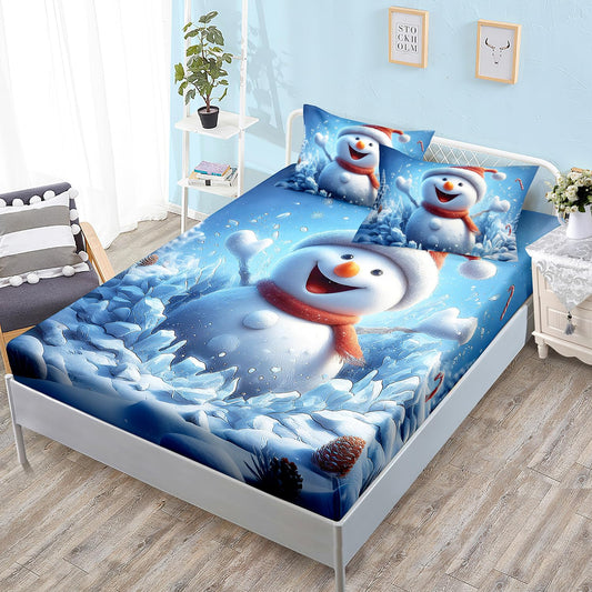 HOSIMA Snowman Twin Fitted Sheet for Kids,Cute Smiling Snowman Print Christmas Bedding Set,Candy Pattern Festival Bedding for Boys Girls Room Decor,1 Fitted Sheet+2 Pillowcases.