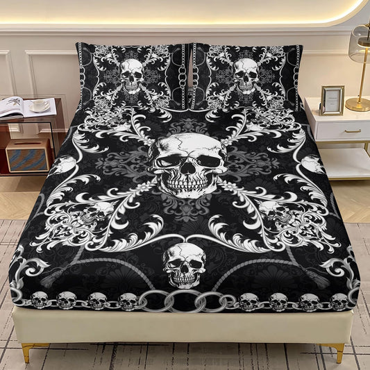 AILONEN Goth Skull Fitted Sheet Set Queen Size,Black and White Skull Bed Sheet Set,Boys Kids Goth Skull Skeleton Bedding for Adults,Boho Floral Skull Fitted Sheet +2 Pillowcases,3-Piece