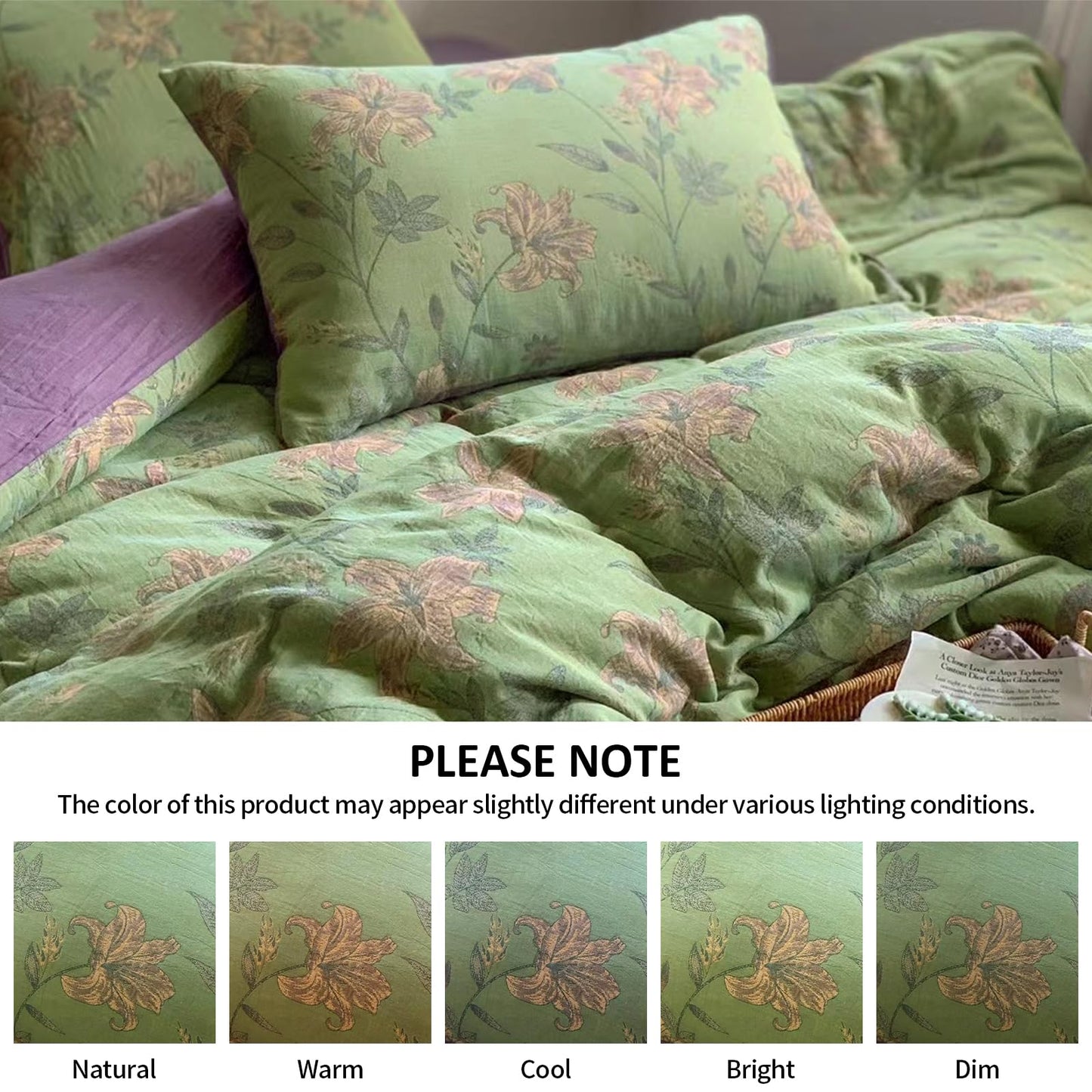 VM VOUGEMARKET Linen Cotton Jacquard Duvet Cover Queen,3 Pcs Yarn-Dyed Textured Duvet Cover Set Green Purple Floral Bedding Breathable, Natural Wrinkled Look-No Comforter