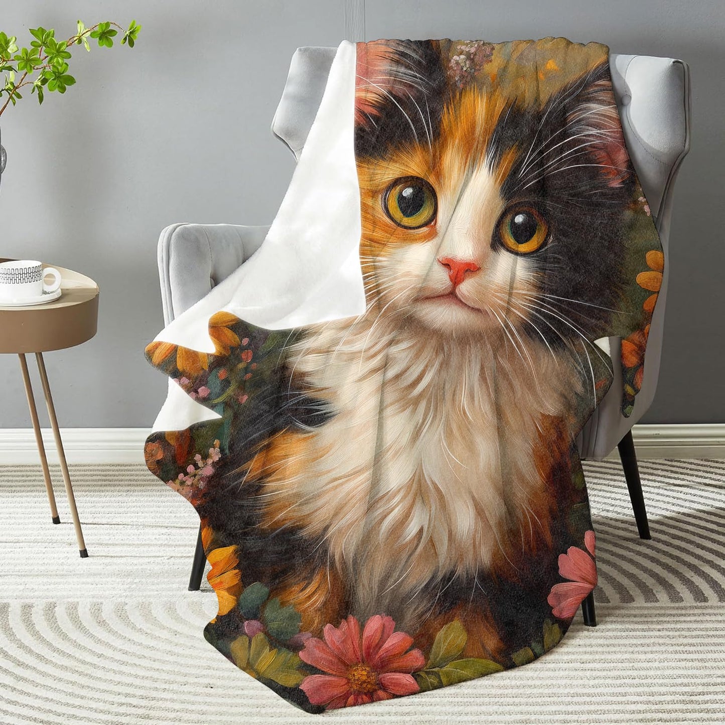 dhakalrlde Cute Cat Floral Blanket,Decorative Throw with Adorable Kitten and Flower,Lightweight Flannel Blankets for Cabin Couch Living Room Office,Ideal Gifts for Girls Kids Pet Lovers 50"x60"