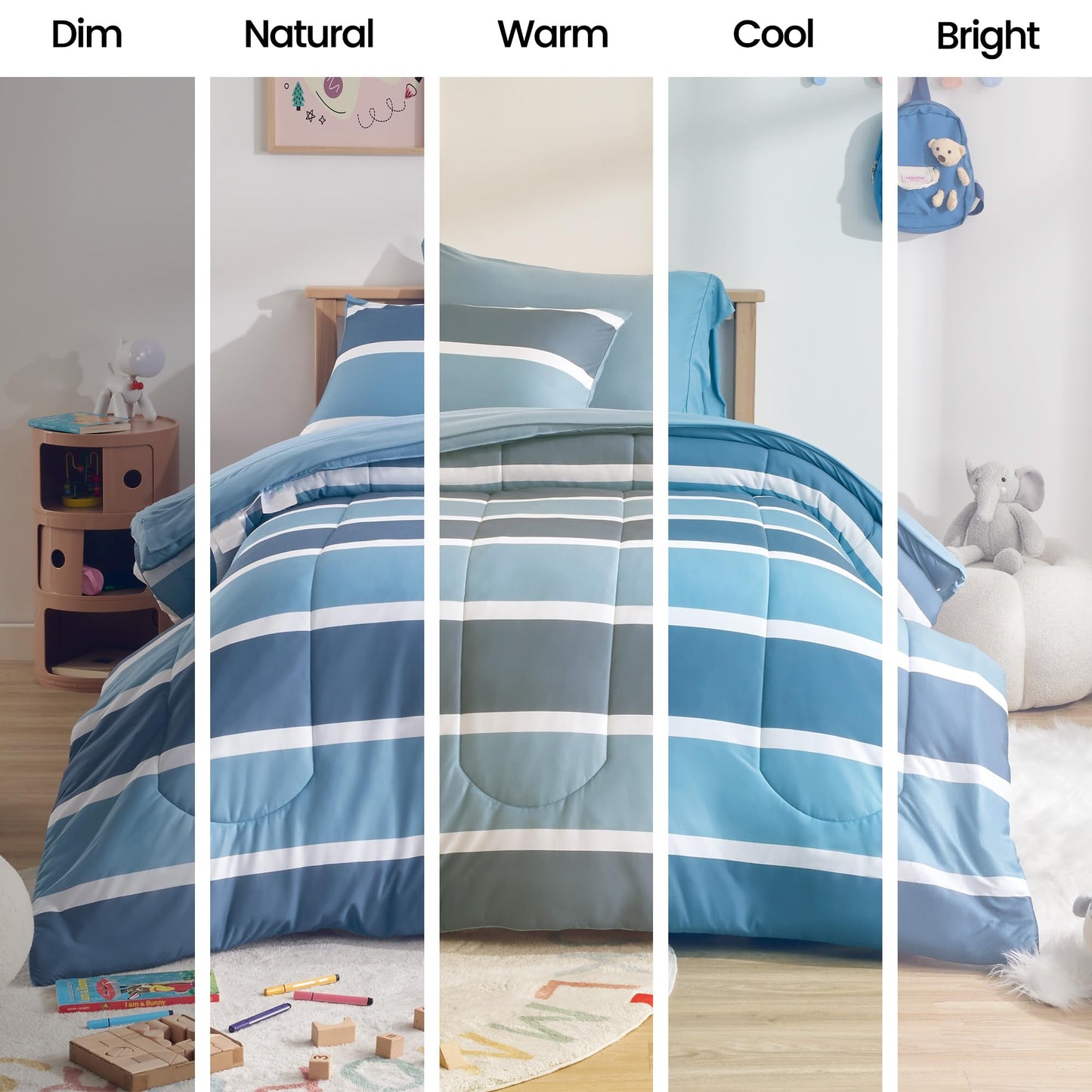 SLEEP ZONE Kids Comforter Set Full/Queen Size, Jersey Knit 7 Pieces Bedding, Super Soft and Breathable Comforter with Sheets, Pillowcases (Blue-Navy Stripe)
