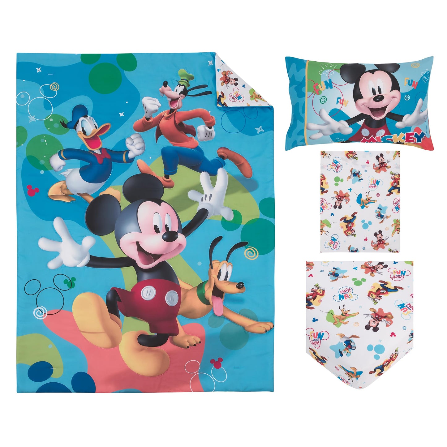 NoJo Disney Mickey Mouse Blue, Red, and Green, Donald Duck, Pluto, and Goofy, Fun Starts Here 4 Piece Toddler Bed Set - Comforter, Fitted Bottom Sheet, Flat Top Sheet, and Reversible Pillowcase