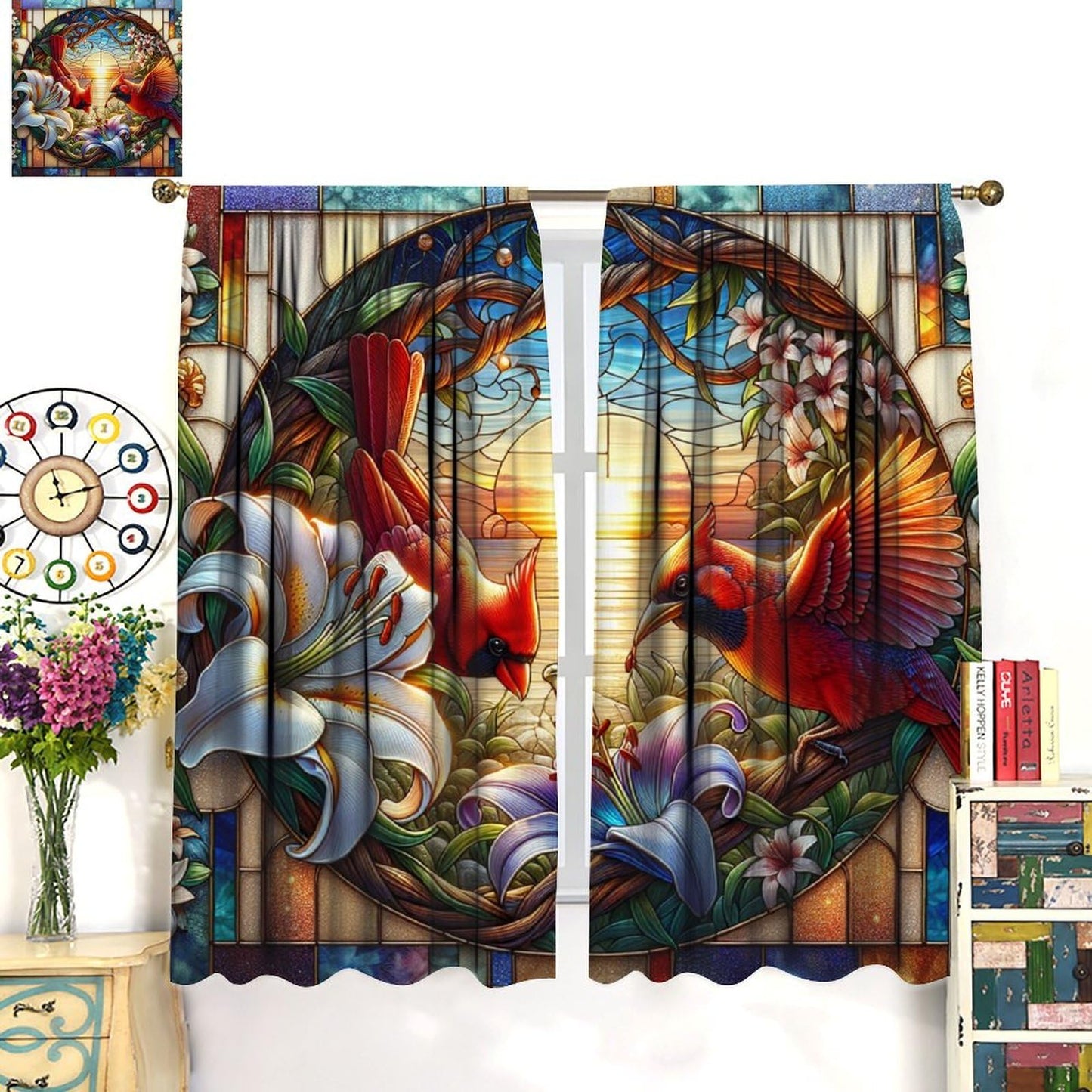 FengMingRui Stained Glass Cardinal Curtain Nature Scenery Floral Flowers Bird Abstract Geometry Window Treatments for Kids Boys Girls Bedroom Living Room Window Drapes 42" W X 45" L