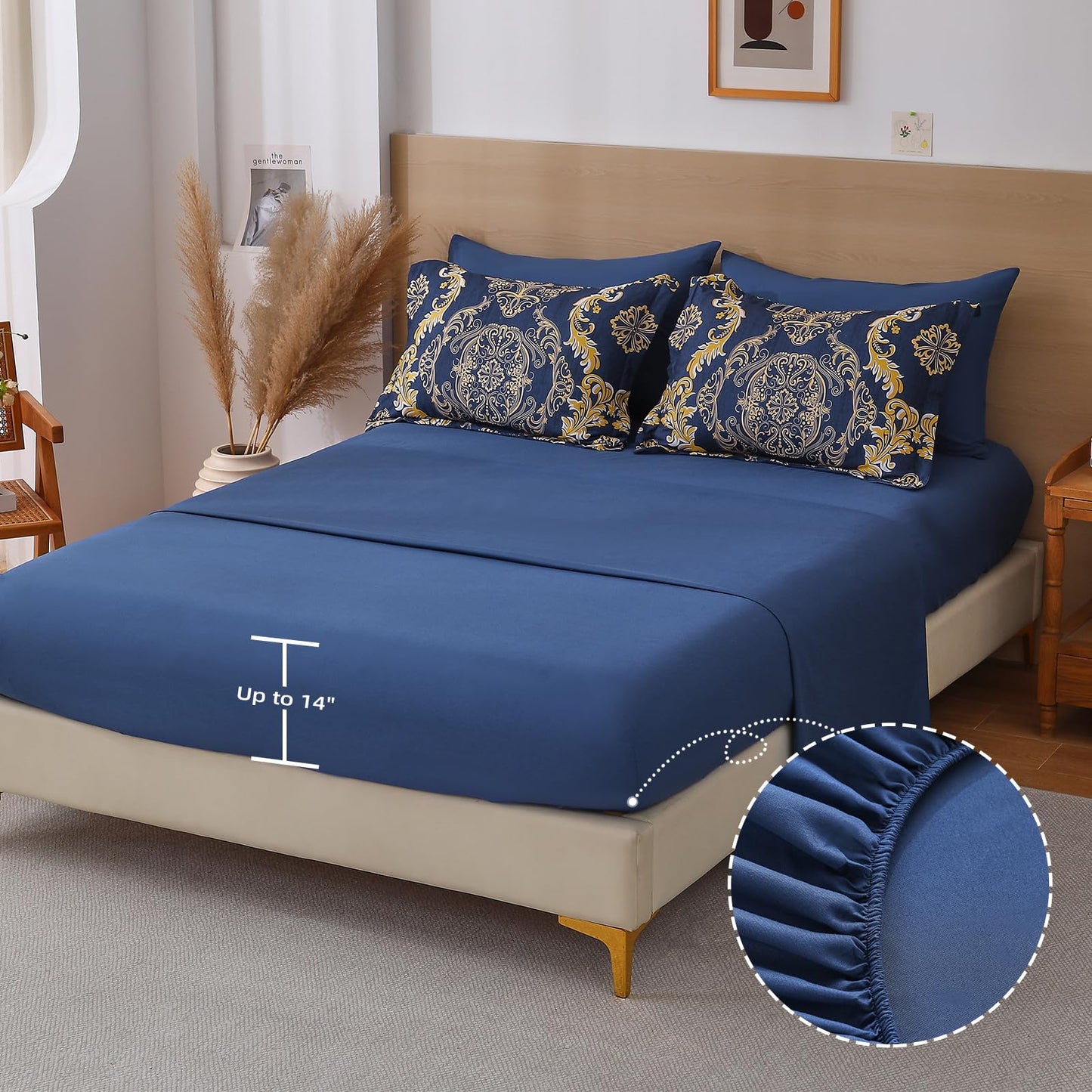 WONGS BEDDING Blue Gold Comforter Set Queen Size,Damask Texture 7 Pieces Bed in a Bag Microfiber Comforter Bedding Sets -1 Comforter, 1 Flat Sheet, 1 Fitted Sheet, 2 Pillow Shams, 2 Pillowcases
