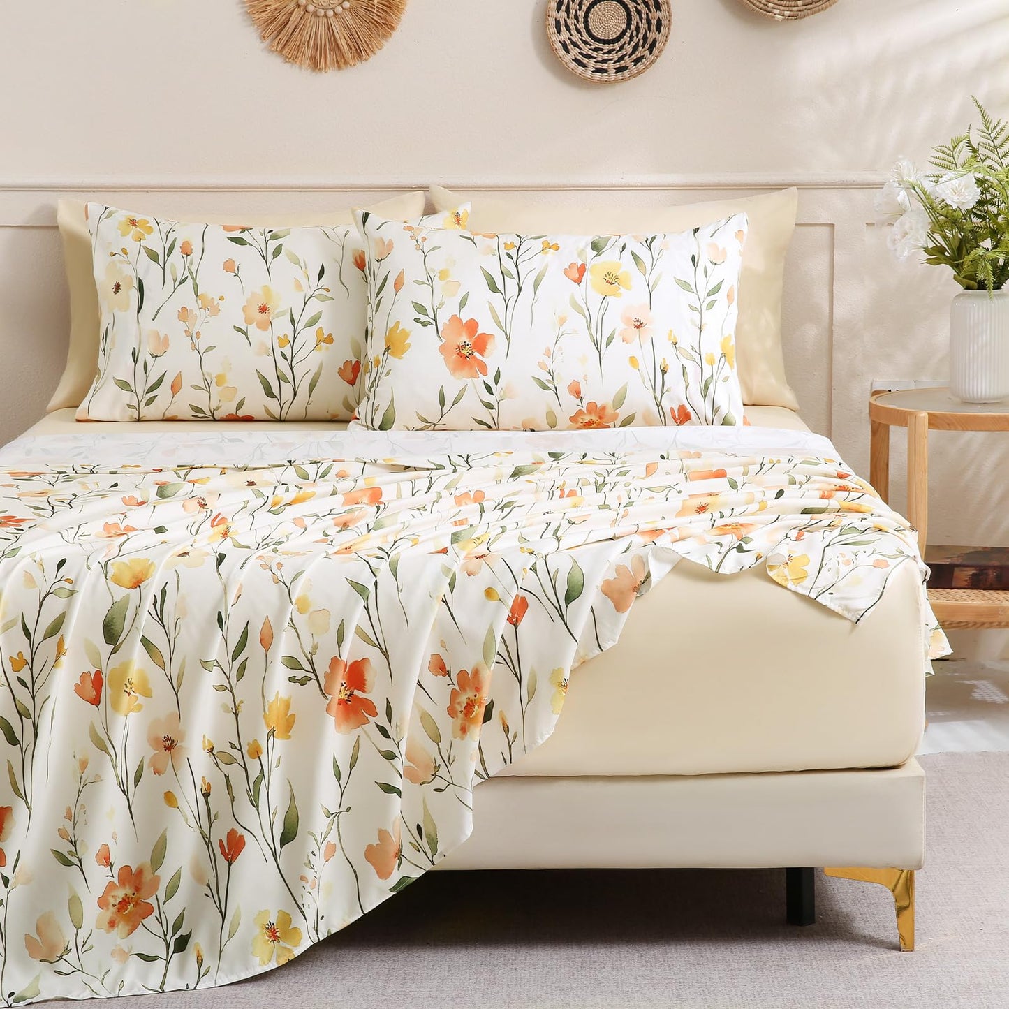 Botanical 6-Piece Full Size Sheets Set, Boho Floral Print Brushed Microfiber Sheets, Cooling Bed Sheet Set, Ultra Soft & Breathable, 16' Deep Pocket Fitted Sheet & Pillowcase Set, Beige Floral