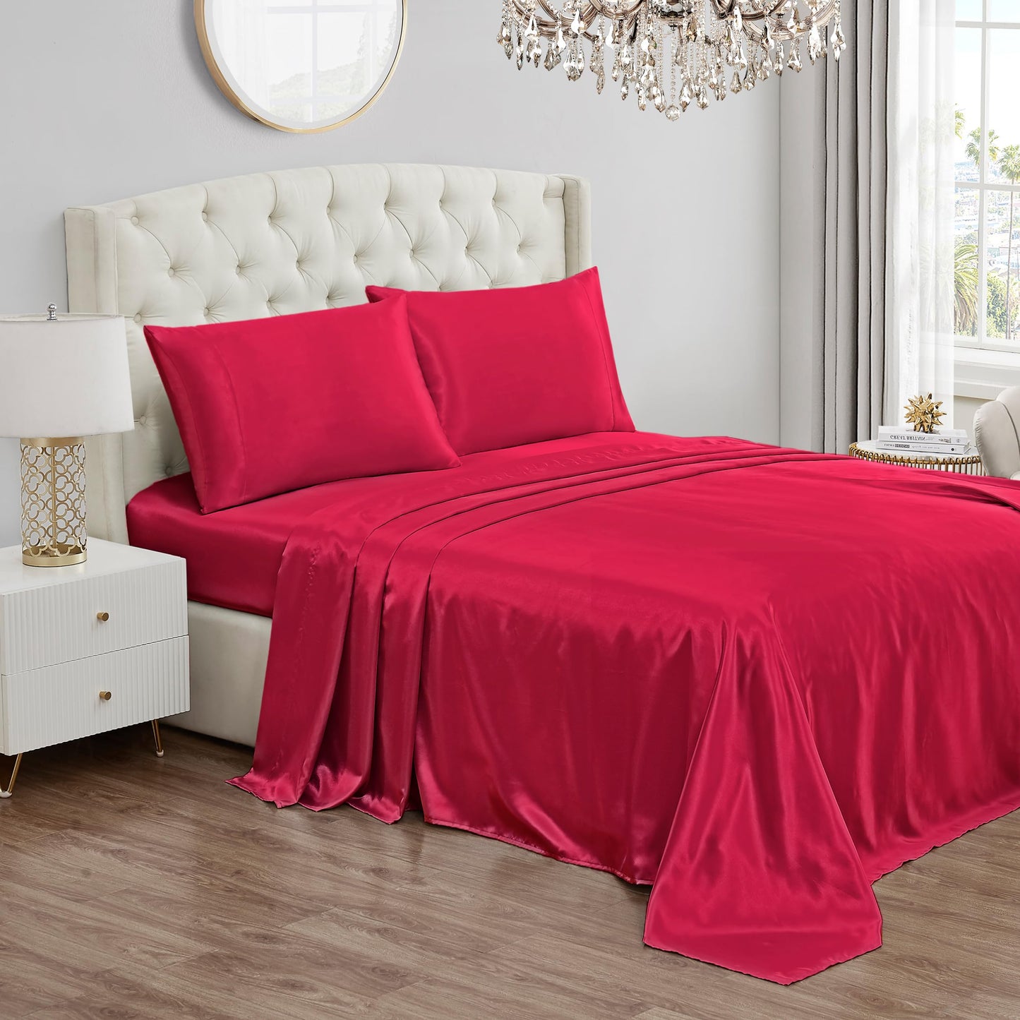 Juicy Couture Full Size Satin Bed Sheet Set, Deep Pocket Silky Full Sheet Set with 1 Fitted Sheet, 1 Flat Sheet, and 2 Pillow Case, Wrinkle Resistant and Anti Pilling Bed Sheets - Hot Pink