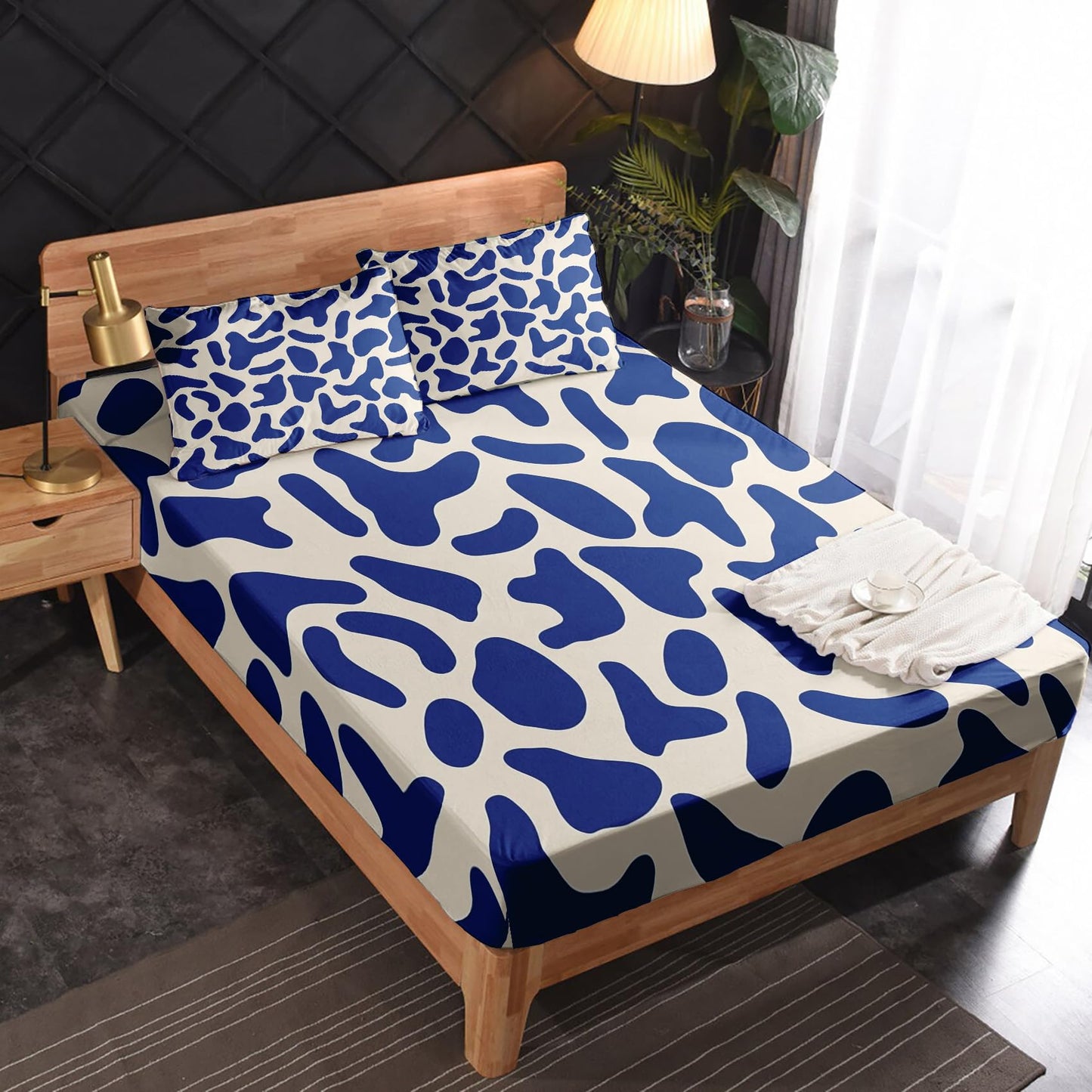 zcsm Cow Print Sheets Queen Sheet Set - Blue and White Cowhide Bed Sheets, Soft Microfiber & Deep Pocket & Wrinkle Free Bedding Sheets & Pillowcases, 1 Fitted Sheet, 1 Flat Sheet, 2 Pillow Cases