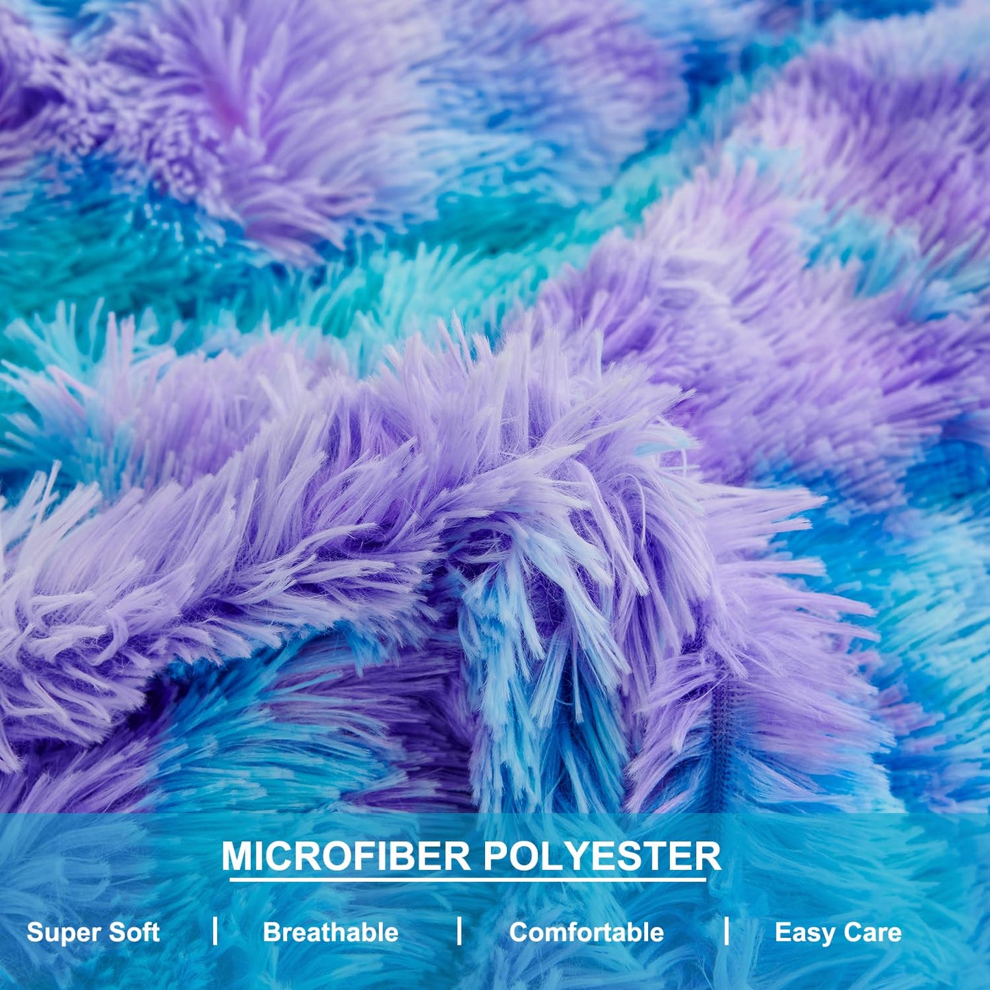 SUCSES Blue Purple Fluffy Twin Bedding Sets for Girls 3Pcs Faux Fur Plush Shaggy Kids Duvet Cover Set Twin Size Tie Dye Velvet Furry Comforter Cover Set