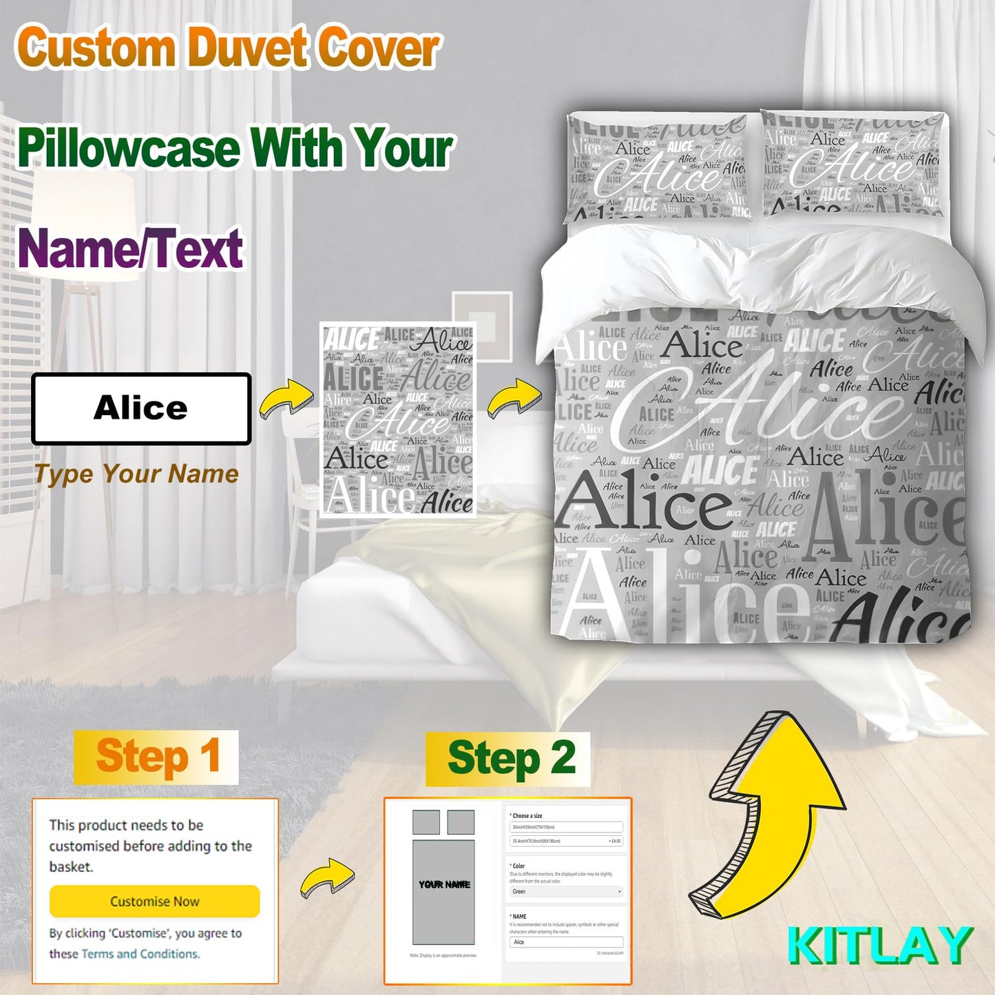 Ewzokiy Custom Bedding Set with Name Personalized Duvet Cover King Queen Twin Size Customised Duvet Cover Single Double Bed Set Gift for Friends Couples Birthday Anniversary