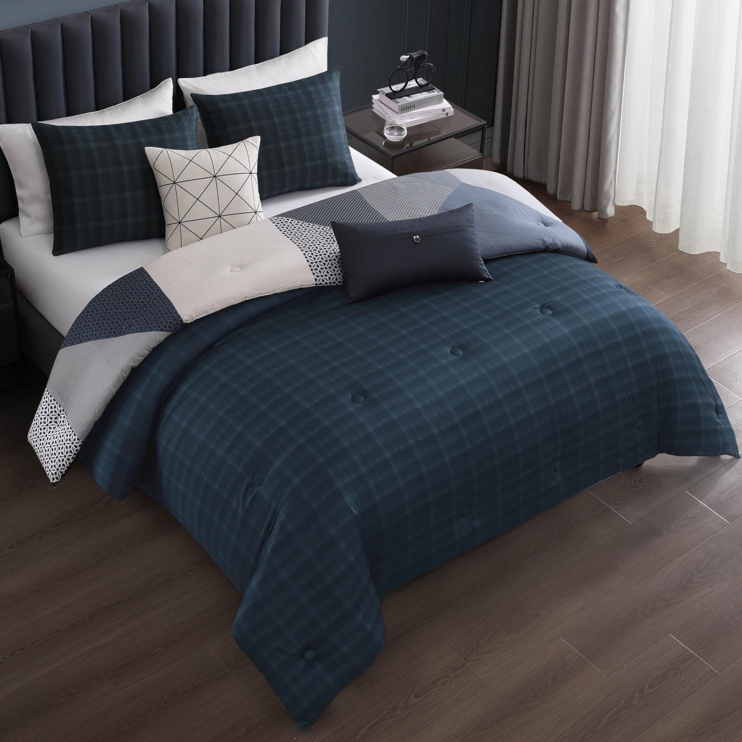 Bebejan Geo Fusion 5 Piece Comforter Set, 100% Cotton Sateen, 220 Thread Count, Patchwork Reversible Bedding Comforter Set, 1 Comforter, 2 Shams & 2 Pillows (King/Cal King)