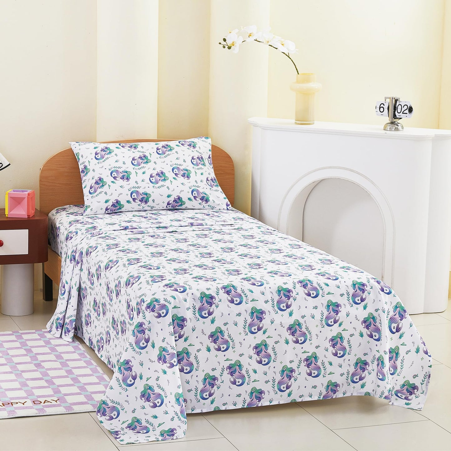 lasoftan Kids Sheet Set Twin Size, Twin Sheet Set with Mermaid Pattern，Breathable Silky Soft Microfiber Kids Fitted Sheet