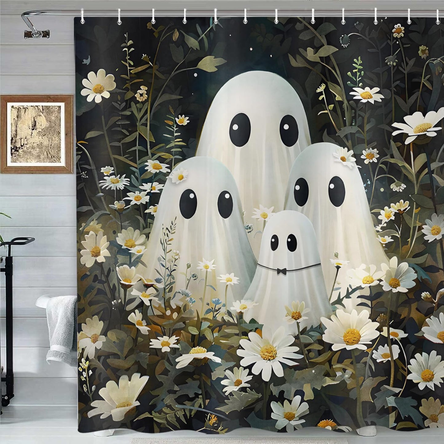 deFouliao Halloween Shower Curtain Flower with Ghost Family Cute Funny Bathroom Curtain Sets for Halloween Themed Bath Home Decor, Waterproof Fabric Decoration with Hooks 72x72 Inch
