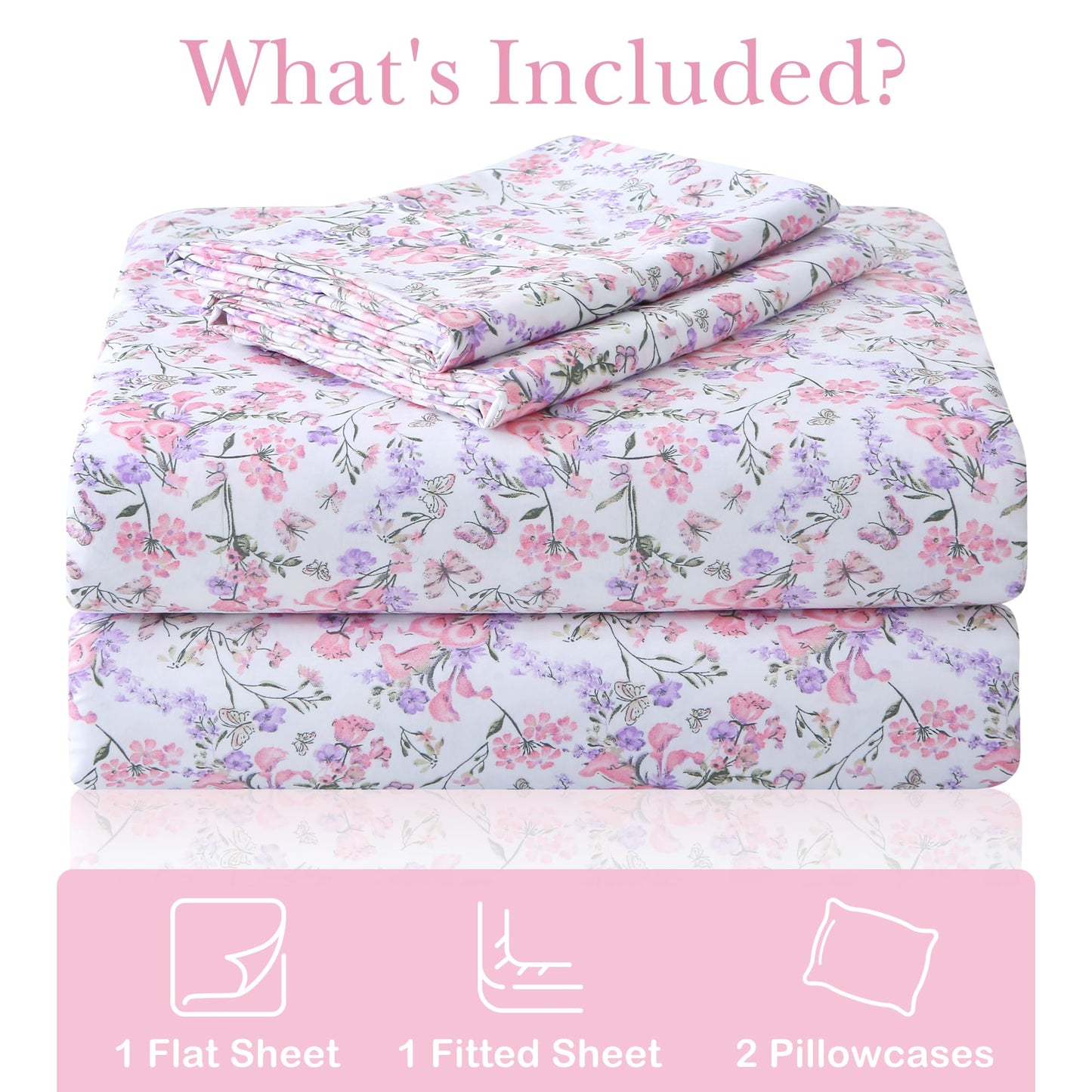 Mooreeke Cozy Vintage Microfiber Printed Full Sheet Set - Soft Breathable Percale Cotton Floral Bed Sheets with Deep Pocket - Non-Slip Fitted Design - Pink Purple Flowers Pattern