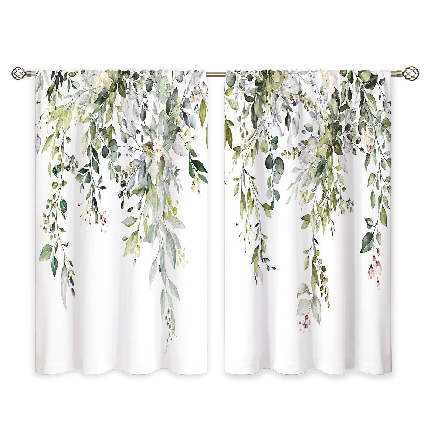 oolygoo Eucalyptus Botanical Leaves Floral Kitchen Window Curtains Over Sink Boho Farmhouse Flower Leaf Small Window Treatment Sage Green Cafe Short Curtains for Bathroom Tier Drapes 27.5x39 inch