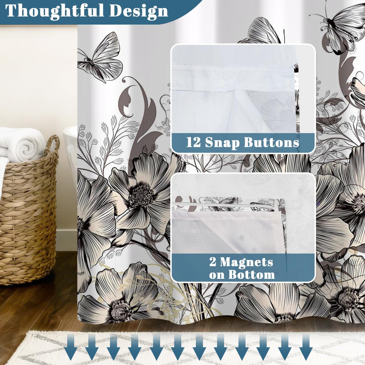Xiazhilaio Butterfly Floral Shower Curtain with Snap in Liner, Waterproof Double Layer Bath Curtain with Mesh Top Window - Artistic Botanical Design for Farmhouse, Boho & Modern Bathroom, 71″W x 74″L