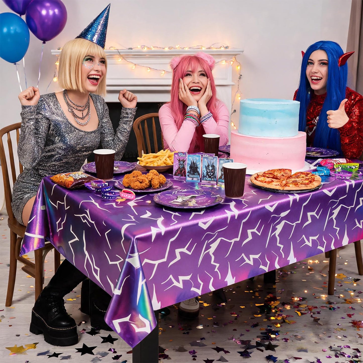 2 Pack Iridescent Holographic Laser Tablecloths, Purple Lightning Demon Energy Table Covers, Disposable Waterproof Birthday Plastic Table Covers for Girls Korean Idol Themed Disco Bachelorette Party
