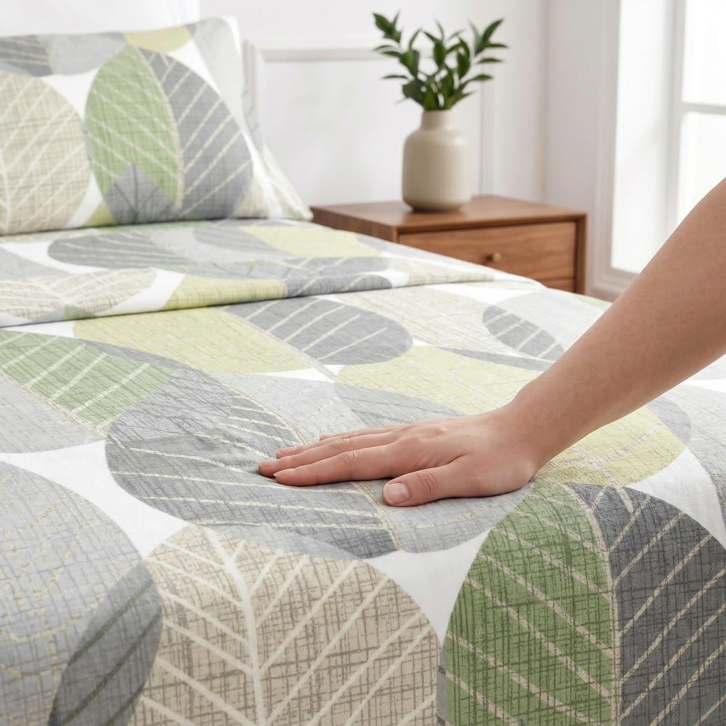 HCORA Leaf Print King Sheet Set, Ultra Soft Double Brushed Microfiber Bed Sheets, Deep Pocket, Breathable, Wrinkle Resistant, Easy Care, 4PC, King