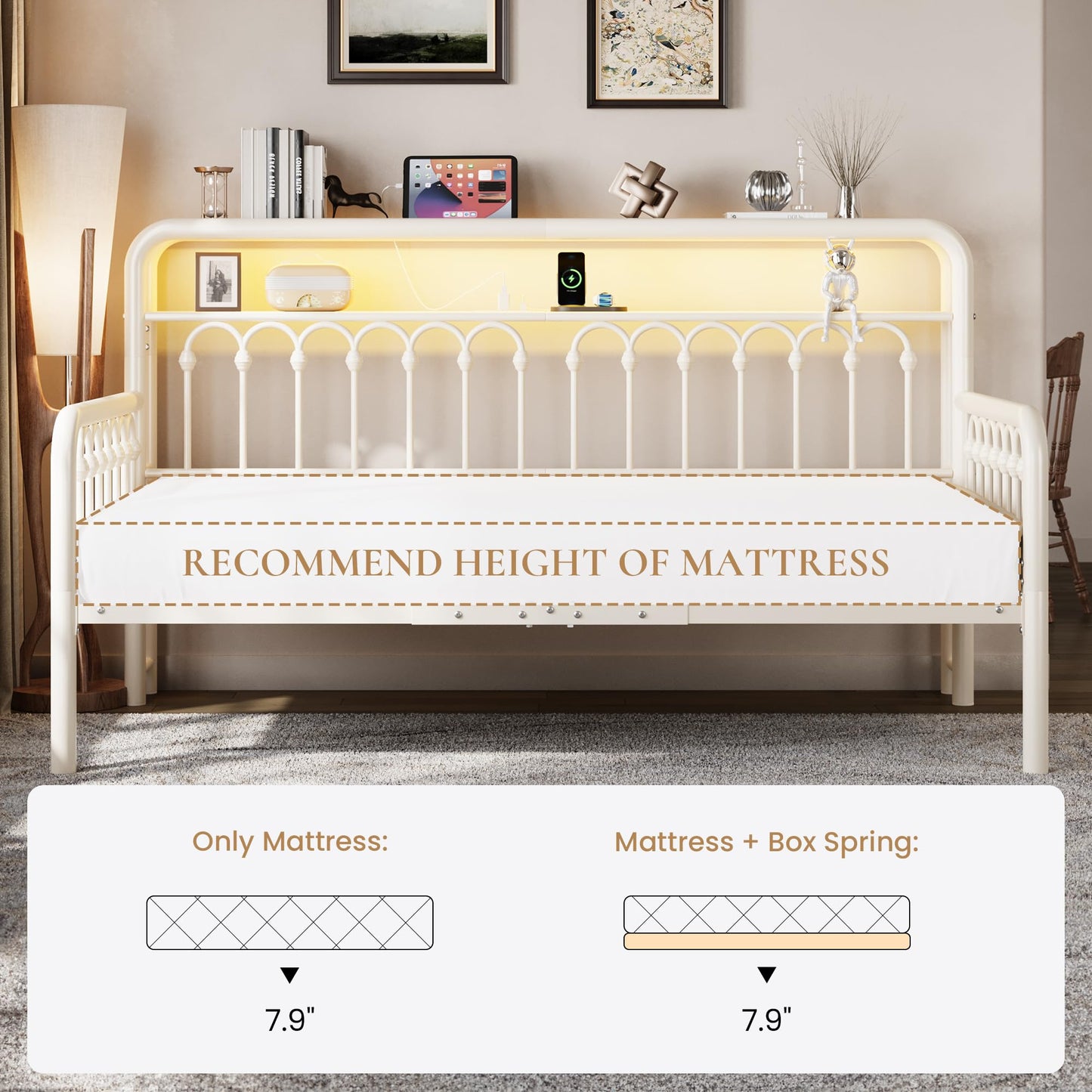 SHA CERLIN Twin Size Daybed, Metal Sofa Bed Frame with Double-Layer Storage Headboard, LED Lighting & USB Charging Ports, Steel Slat Support, White, for Living Room/Guest Room