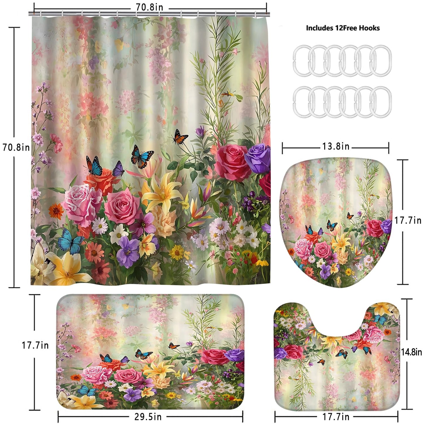 DDQQ 4-Piece Butterfly Floral Shower Curtain Set Botanical Aesthetic Flower Bathroom Set with Shower Curtain and Rugs, Cute Fun Decorative Bath Curtain with Hooks for Home Decor