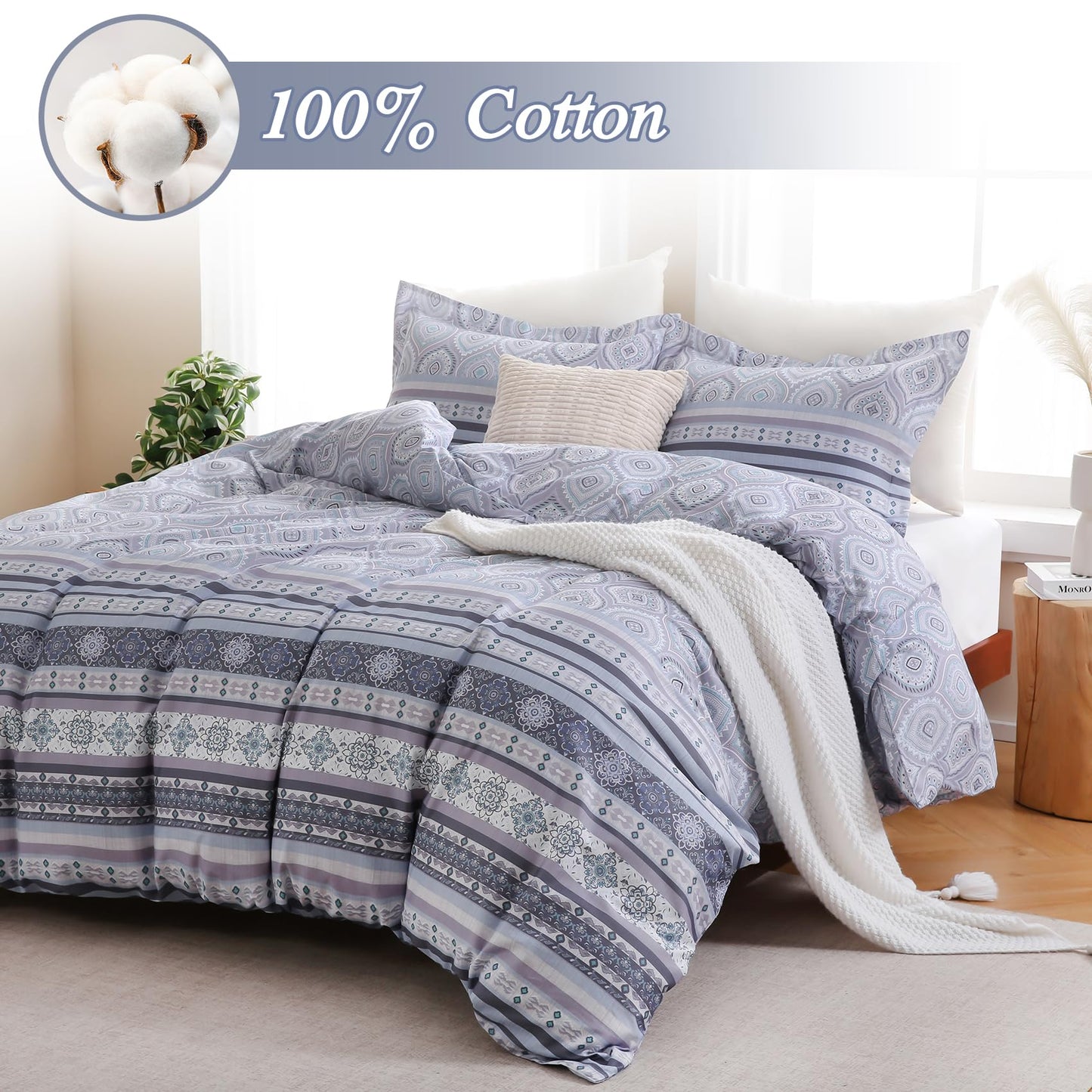 Ocharo Boho Duvet Cover King Size 100% Cotton,Reversible Duvet Cover Set with Bohemian Floral Striped Printed,Soft 3 Pieces Paisley Pattern Duvet Bedding Cover Set with 2 Pillow Shams,Grey Purple
