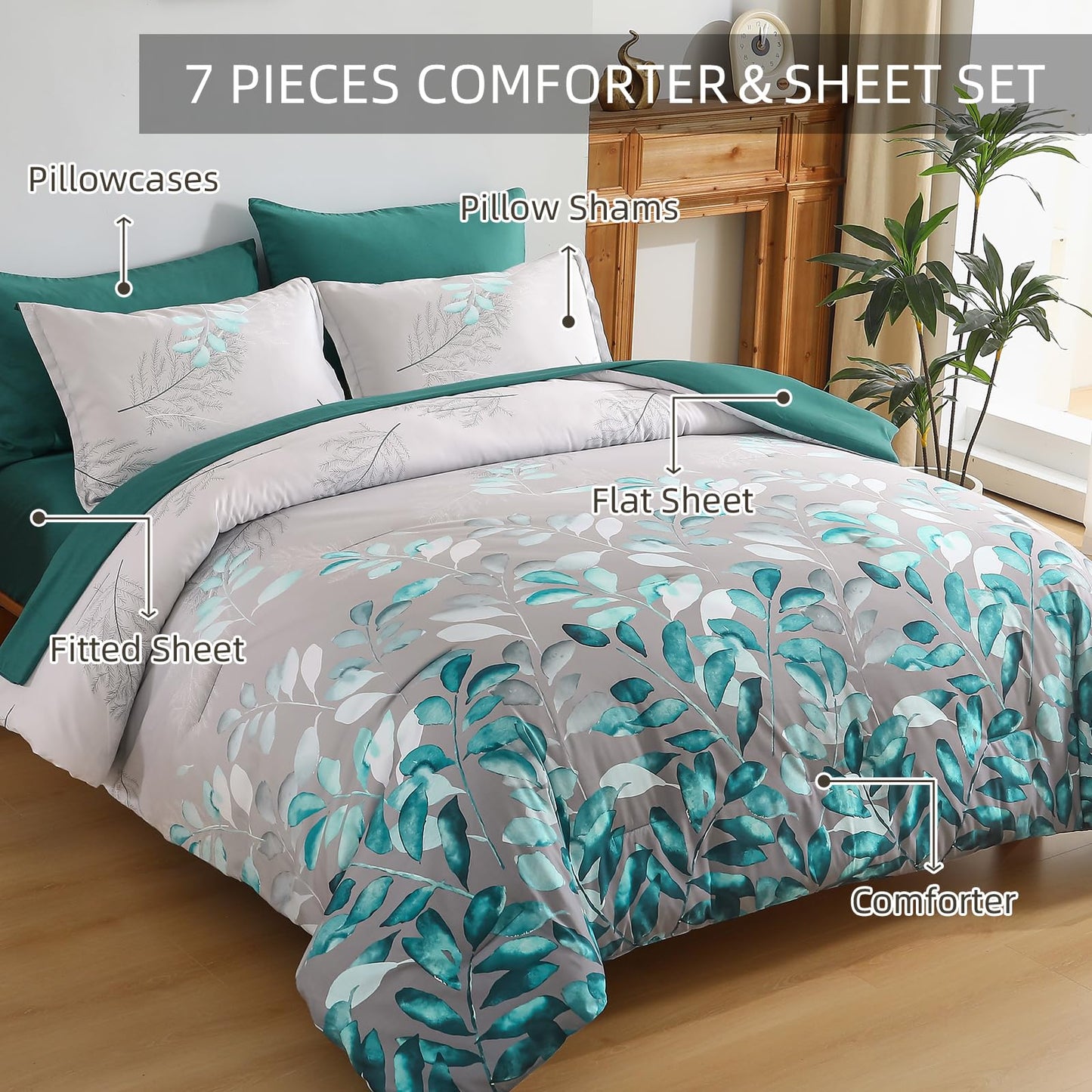 Anibedding Teal Green Floral Comforter Set Queen, 7 Piece Green Botanical Gradient Leaves Ultra Soft Microfiber Down Alternative Bedding Set with Sheets and Bedroom for All Season