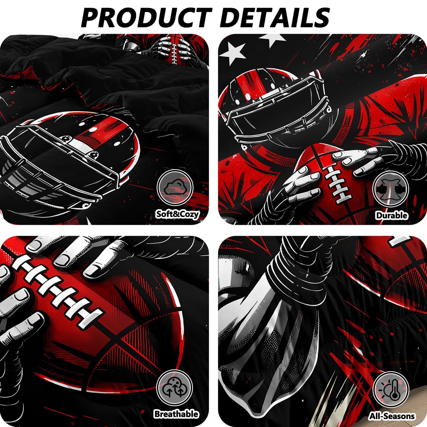 HICAND 5 Pcs Football Full Bedding Set for Boys Teens, Full Size Sports Football Player Boys Comforter Set with Sheets