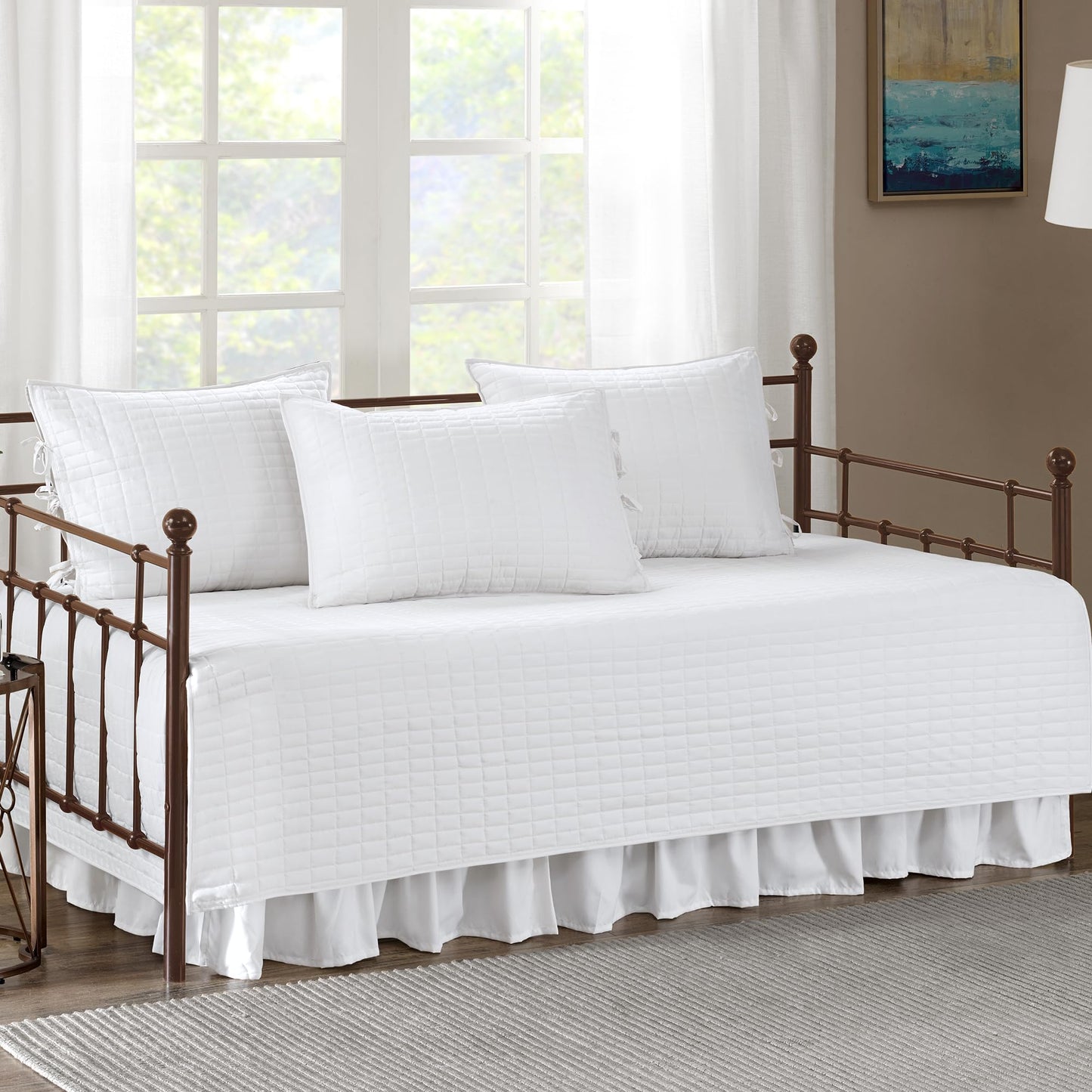 Comfort Spaces Daybed Cover - Luxe Double Sided Quilting, All Season Cozy Bedding with Bedskirt, Matching Shams, Kienna White 75"x39" 5 Piece
