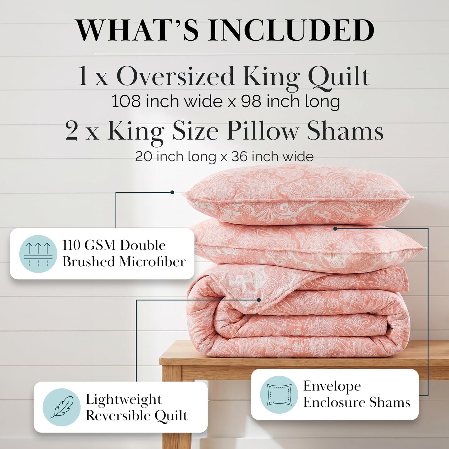 Southshore Fine Living, Inc. Paisley Quilt Set King/California Size, Light Weight Bedspread, 3-Piece Set Bohemian Bedding with Two Matching Quilted Pillow Shams, Cal/King Quilt, Reversible Coral