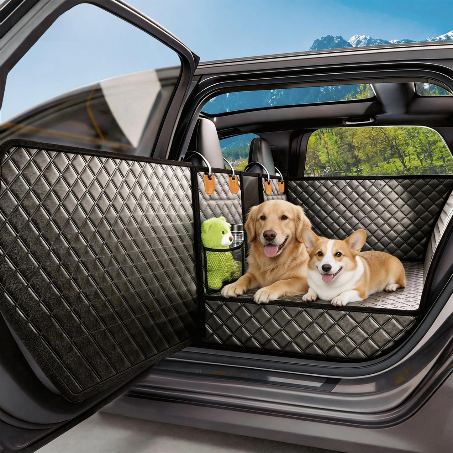 Gisphryn Back Seat Extender for Dogs,Hard Bottom Dog Car Seat Cover for Back Seat,Waterproof Dog Hammock with Door Protection, Anti-Scratch Pet Back Seat Cover for Car, SUV, Holds 420lbs, Black