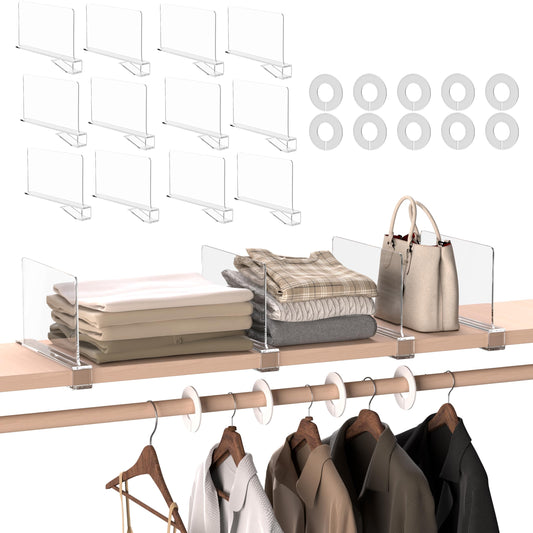 ZEUMIE 12 Pcs Acrylic Shelf Dividers for Closet Organization, Clear Closet Dividers for Wood Shelves, Closet Separators for Clothes Sweaters Shirts Handbags in Bedroom, with 10 Pcs Size Dividers
