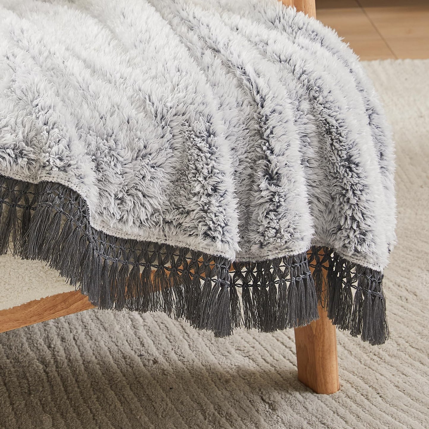 EMME Soft Sherpa Fleece Blanket with Tassel, Reversible Plush Fluffy Large Blanket, Light Weight Warm Decorative Boho Blanket Cover for Sofa, Couch, Bedroom,Travel(Tassel Grey,90"x90")