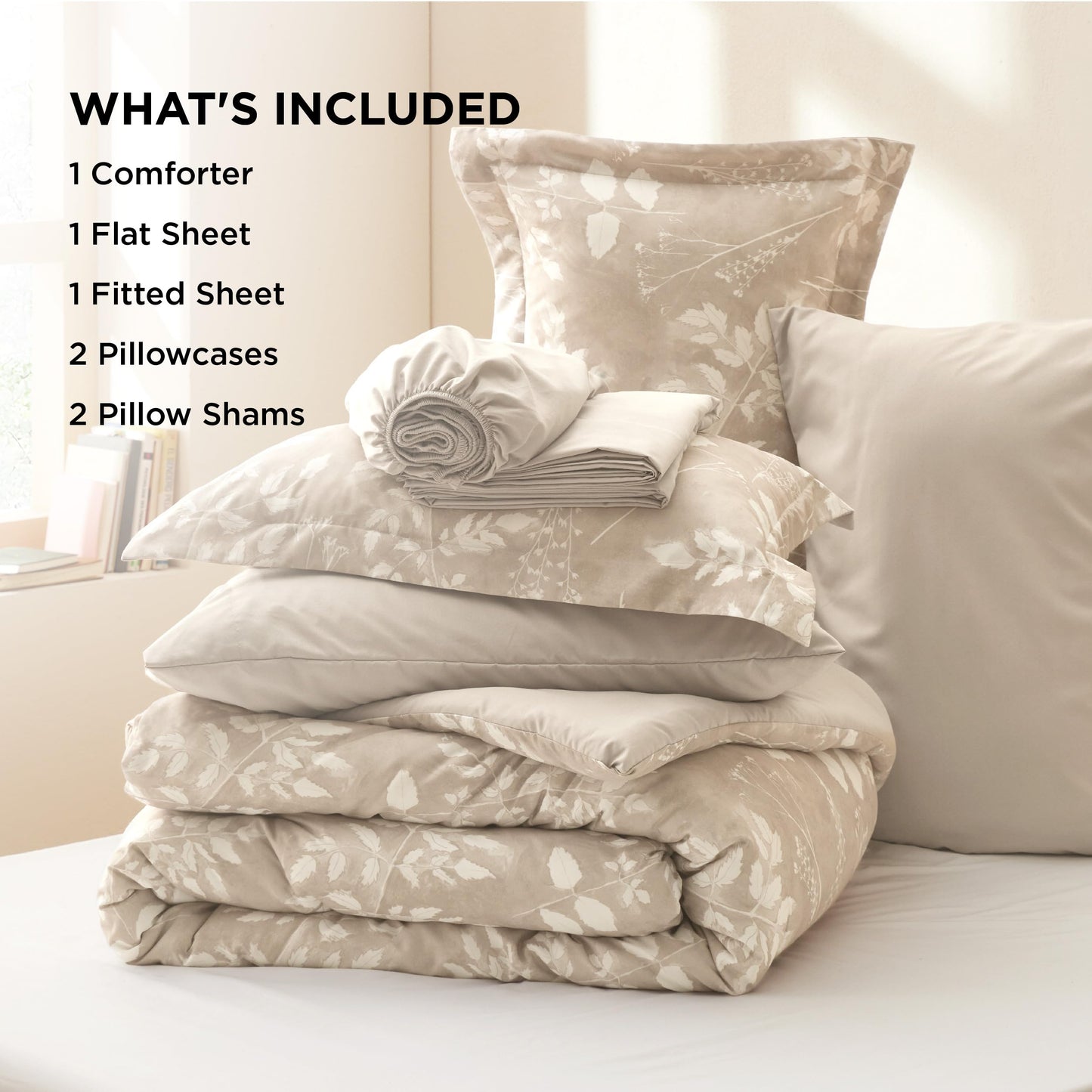 Bedsure Queen Comforter Set - 7 Pieces Floral Beige Soft Bedding Sets, Queen Bed in a Bag with Botanical Flowers Comforter, Sheets, Pillowcases & Shams