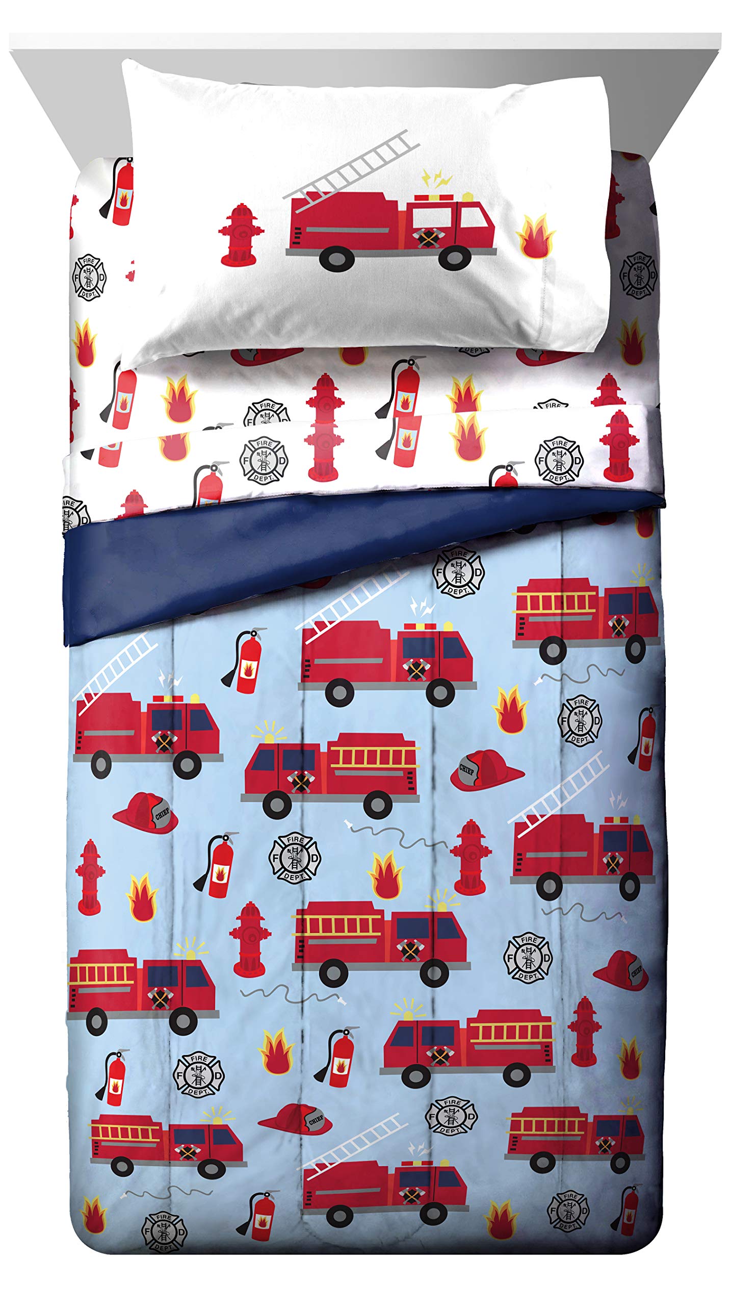 Jay Franco Trend Collector Go Fire Truck Go 5 Piece Twin Bed Set - Includes Comforter & Sheet Set - Super Soft Fade Resistant Microfiber Bedding