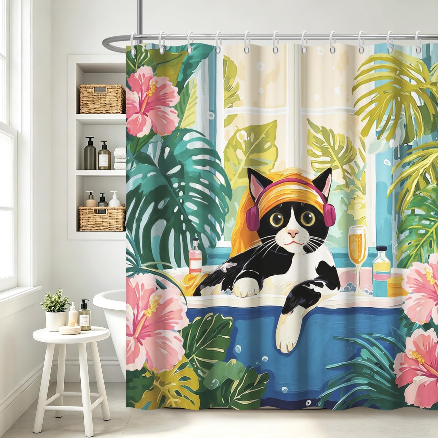 GICDSU Funny Cat Shower Curtain Boho Cute Black Cats Shower Curtain for Bathroom Pink Tropical Matisse Kitten Plam Tree Bath Curtains with Hooks Waterproof Fabric Bathtub 72x72 Inch