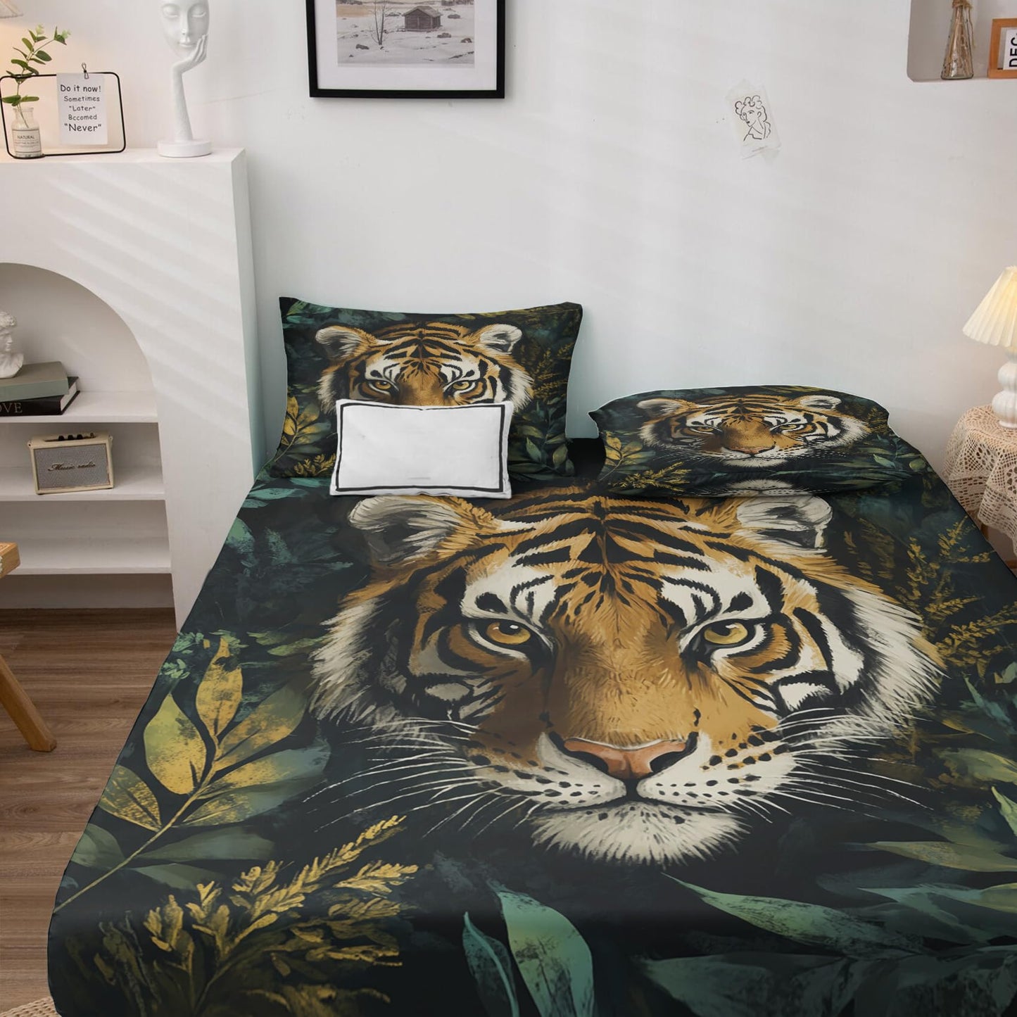 NOGAWA Tiger Sheets Queen Size, Jungle Animal Bed Sheets, Wild Animal Bedding Sheets & Pillowcases 4 Piece Set - Microfiber Deep Pocket Fitted Sheet & Flat Sheet & 2 Pillow Cases