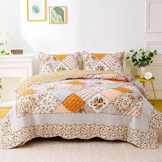 Yumhjika Patchwork Quilt Set Queen Size, 3 Pieces Floral Plaid Bedspreads Coverlet, Soft Microfiber Lightweight Bedding Set for All Season,Orange