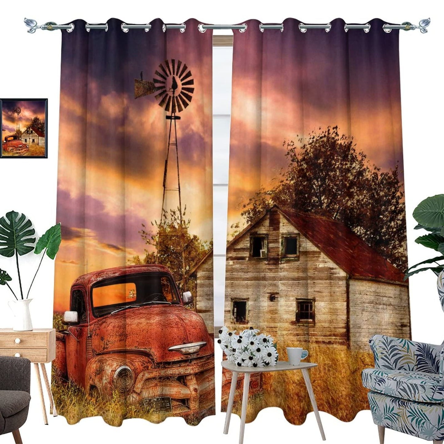 Kazynee Rustic Farm Old Truck Room Darkening Blackout Window Curtains with Grommets,Western Country Farmhouse Sunset Nature Scenery Energy Efficient Window Treatment 2 Panels 63L x 21W