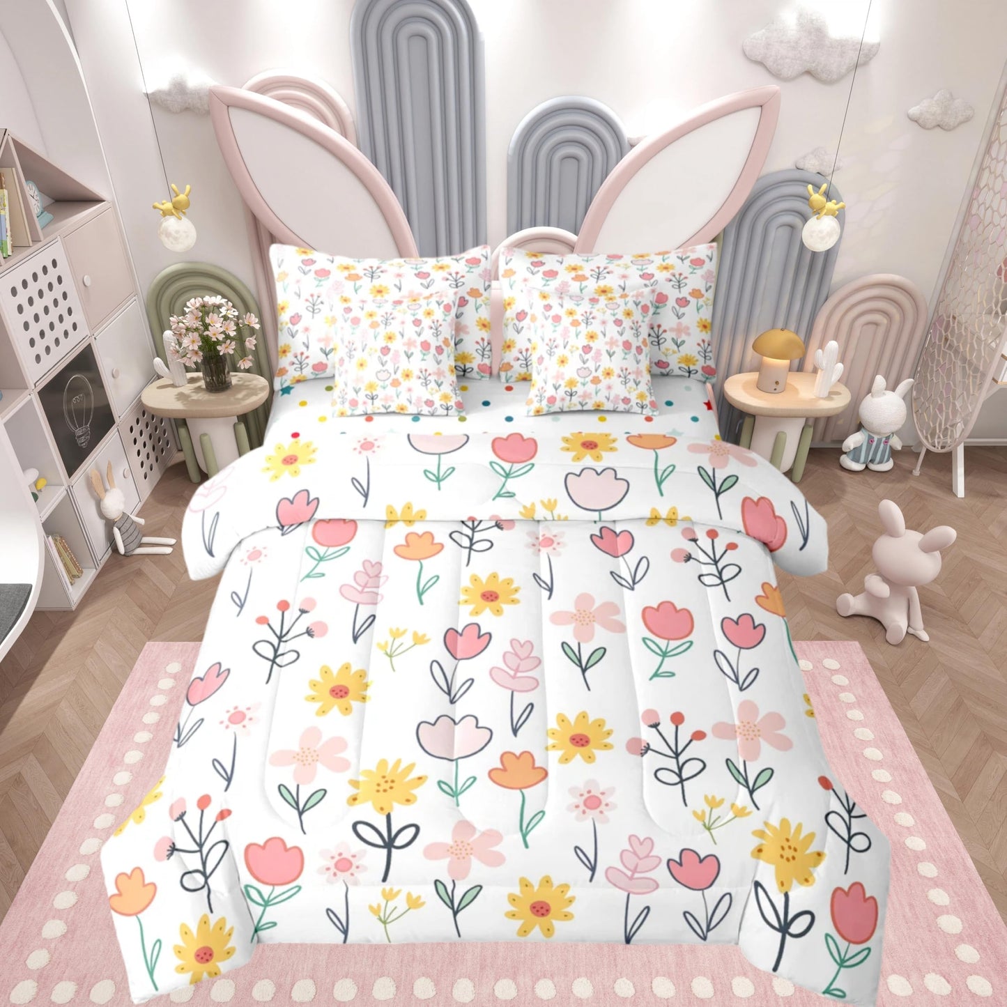 Feelyou Floral Comforter Set with Sheets 7 Piece Queen Size Plant Bedding Set for Kids Boys Girls Farmhouse Garden Bed in a Bag Cute Room Decor Pink Yellow White Soft Lightweight Microfiber