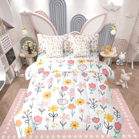 Feelyou Floral Comforter Set with Sheets 7 Piece Queen Size Plant Bedding Set for Kids Boys Girls Farmhouse Garden Bed in a Bag Cute Room Decor Pink Yellow White Soft Lightweight Microfiber